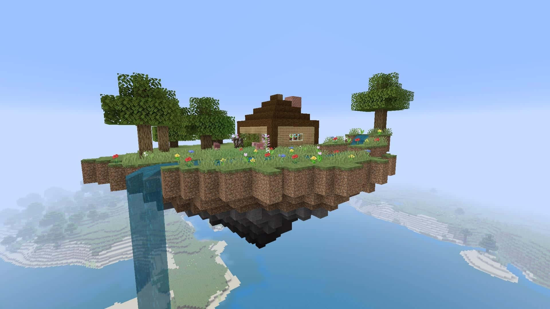 Minecraft Sky Block, wooden cabin, floating island, Full HD Desktop Wallpaper