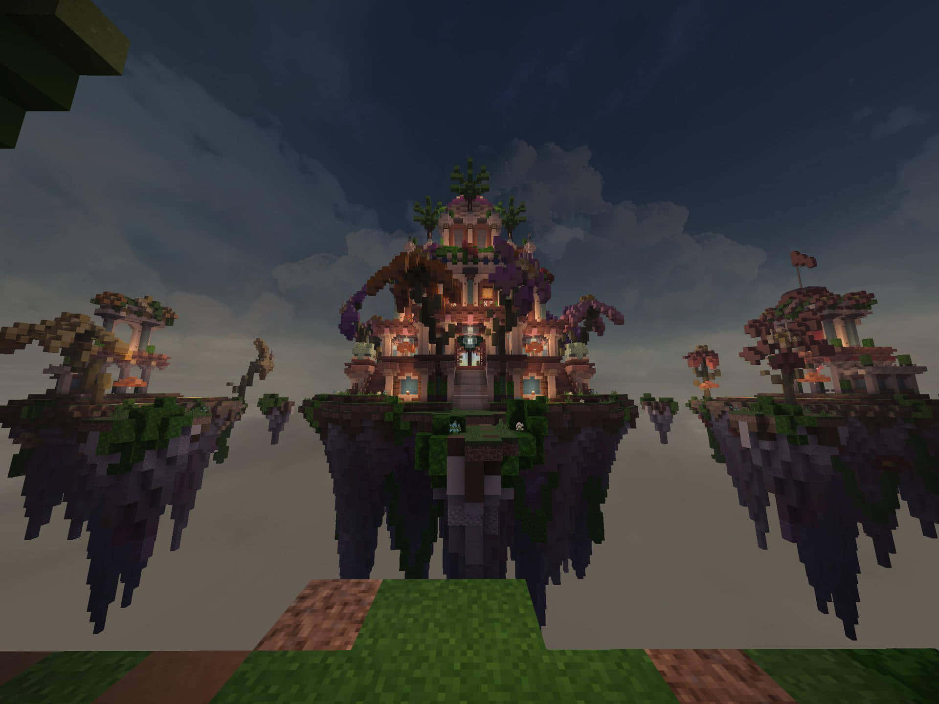 Minecraft Sky Block, pixelated Minecraft castle, floating islands, Full HD Desktop Wallpaper