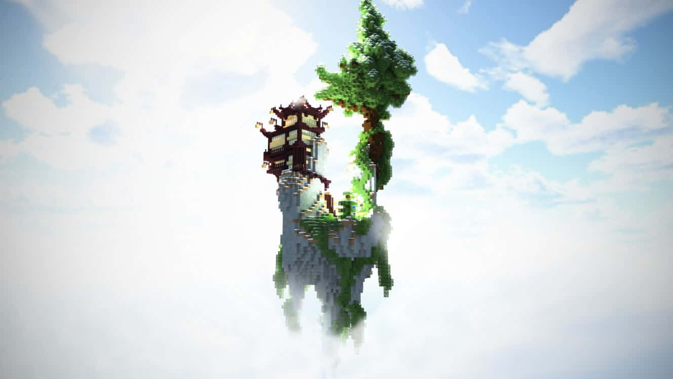 Minecraft Sky Block, pagoda, tree, HD Desktop Wallpaper