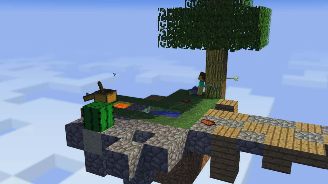 Minecraft Sky Block, floating island, tree crafting table, HD Desktop Wallpaper