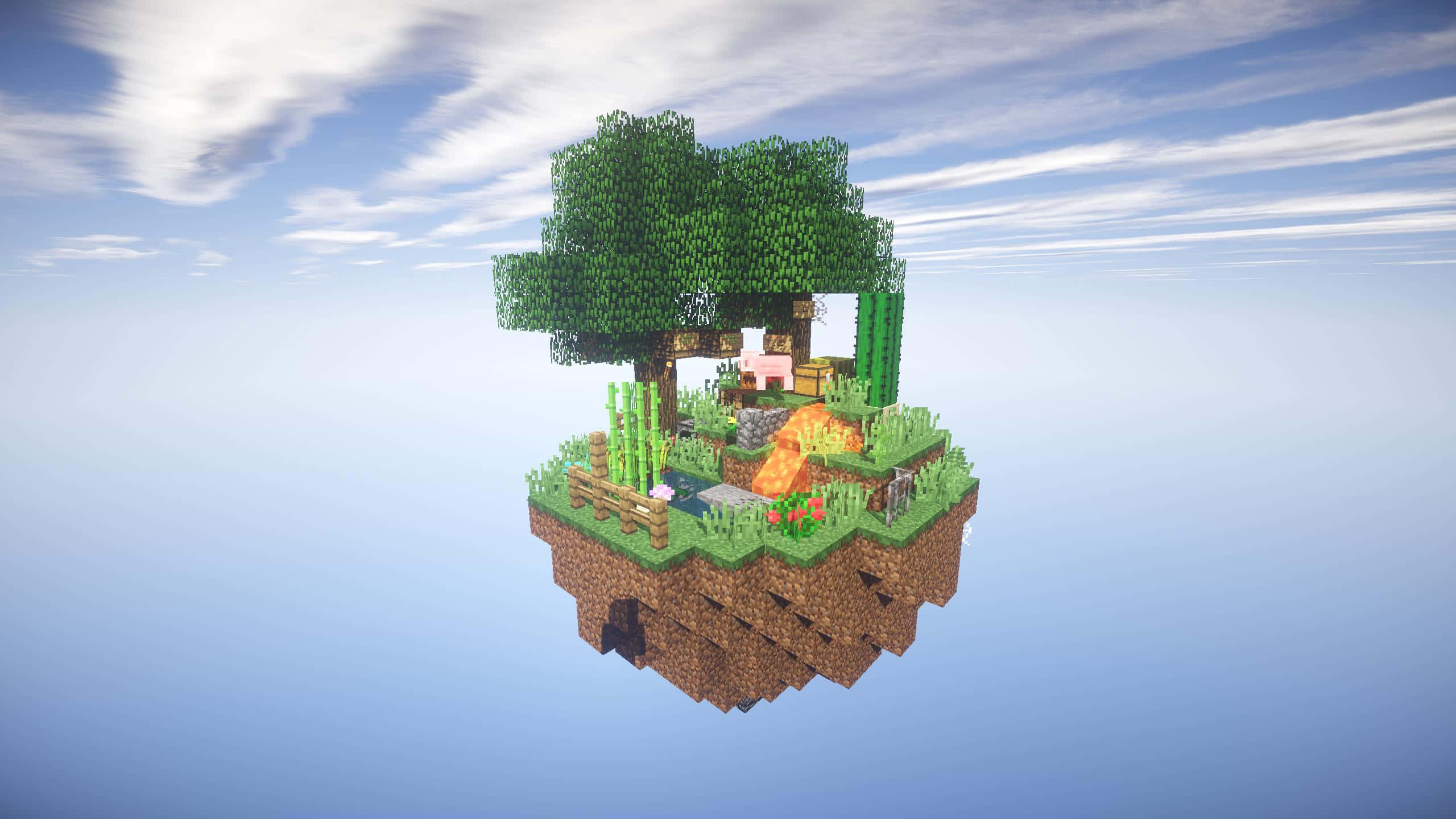 Minecraft Sky Block, floating Minecraft island, tree pig fence, 2K Desktop Wallpaper