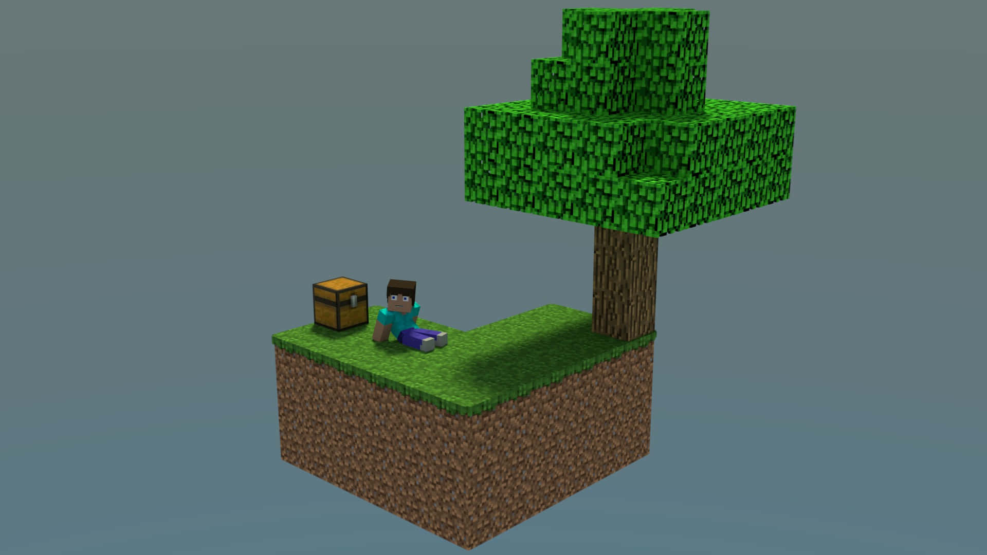 Minecraft Sky Block, floating grass block, chest, Full HD Desktop Wallpaper