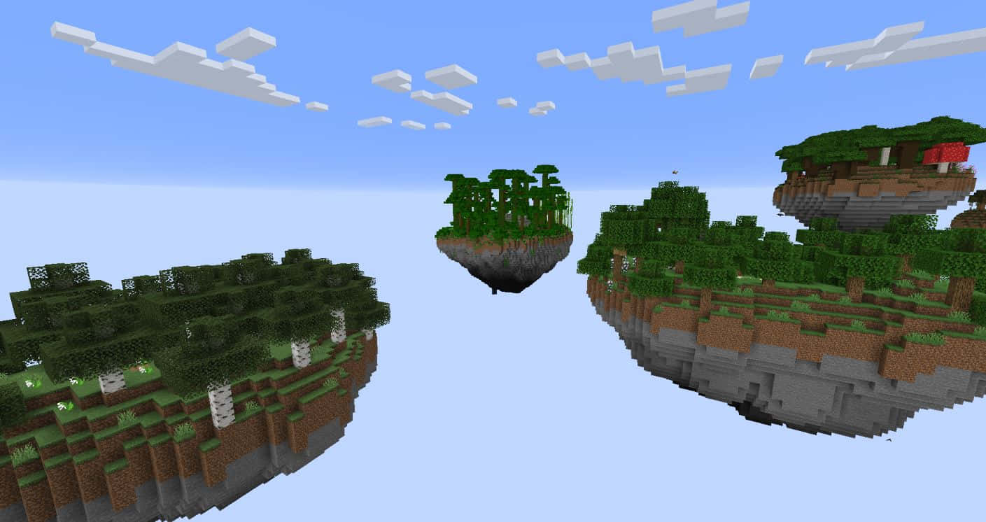 Minecraft Sky Block, floating pixelated islands, trees, HD Desktop Wallpaper