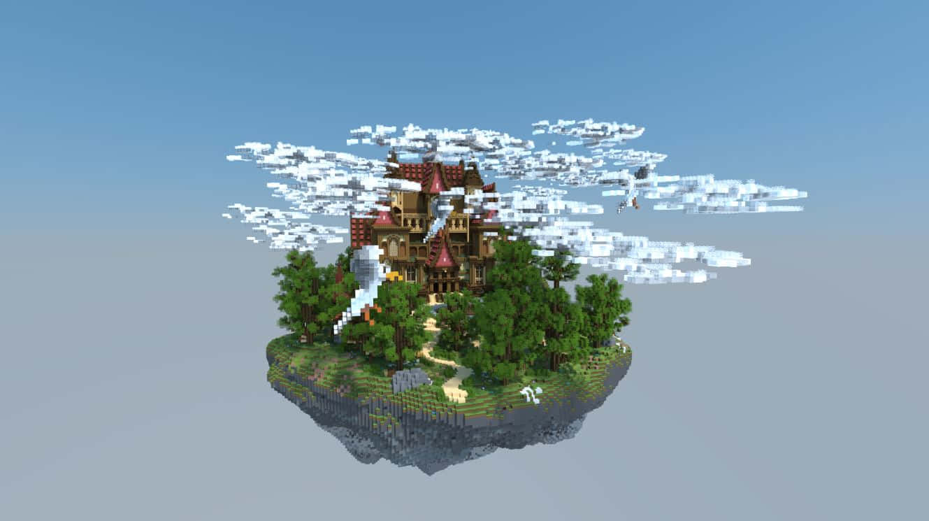 Minecraft Sky Block, pixelated castle, floating island, HD Desktop Wallpaper