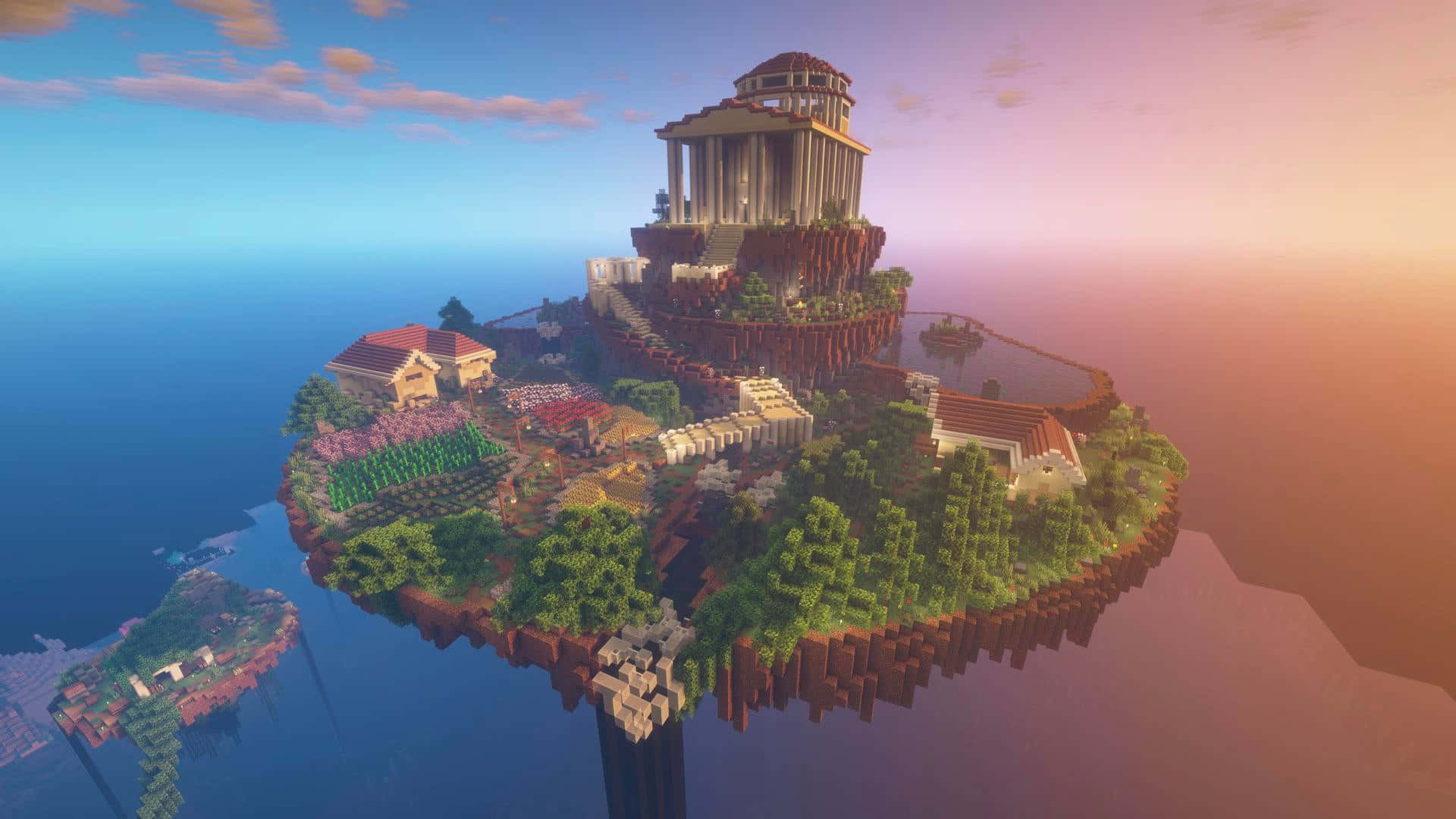Minecraft Sky Block, floating island, classical temple, Full HD Desktop Wallpaper