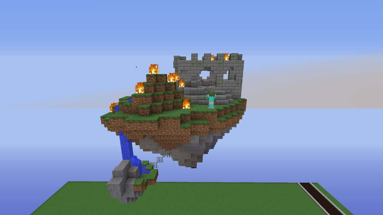 Minecraft Sky Block, stone castle, player, HD Desktop Wallpaper