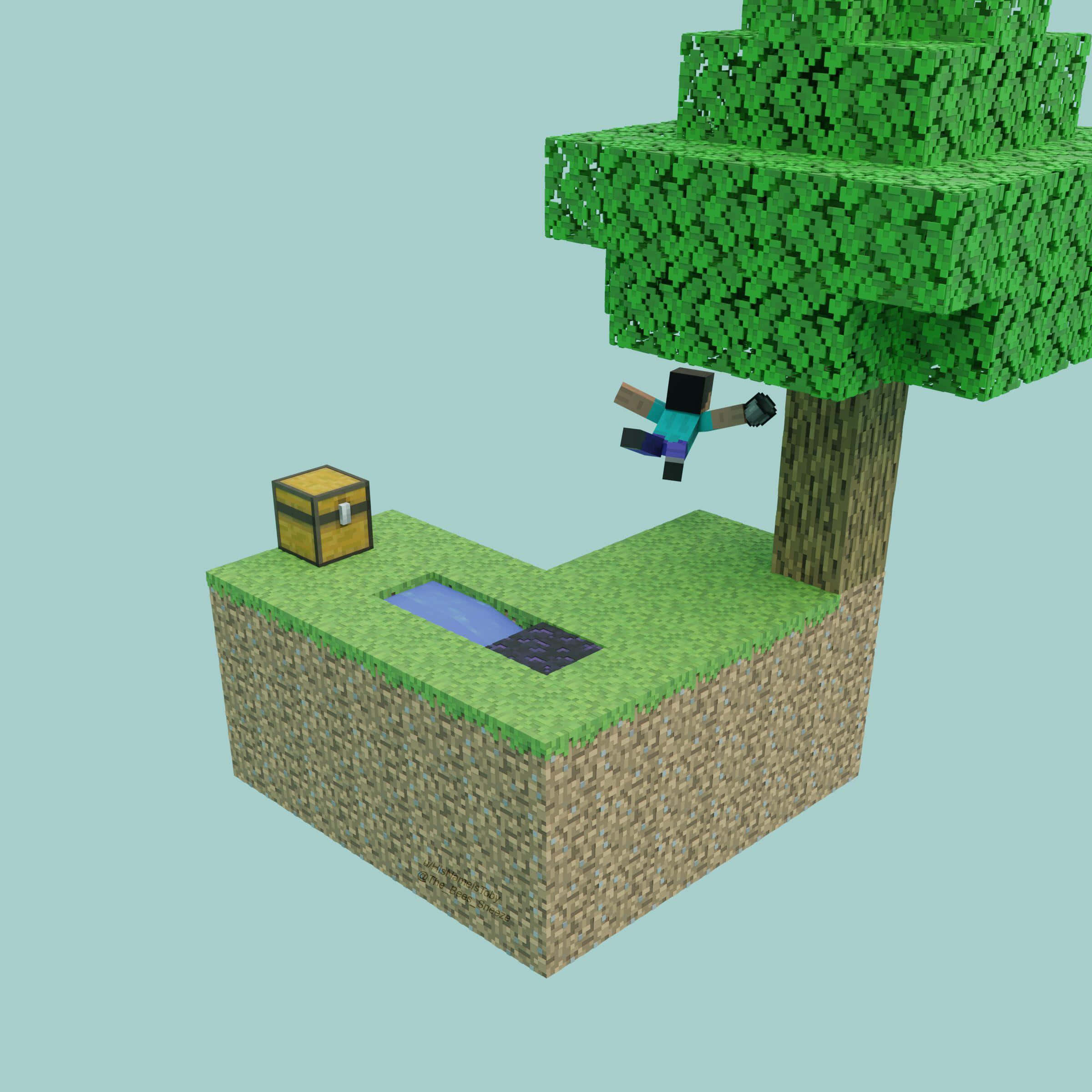 Minecraft Sky Block, blocky grassy island, tree, Full HD Desktop Wallpaper