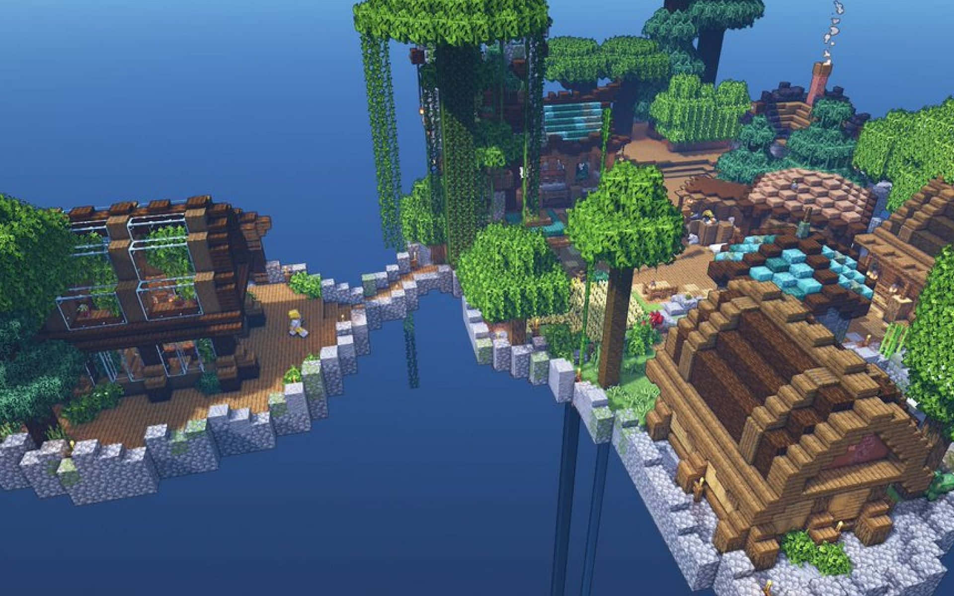Minecraft Sky Block, pixelated Minecraft village, wooden houses, Full HD Desktop Wallpaper