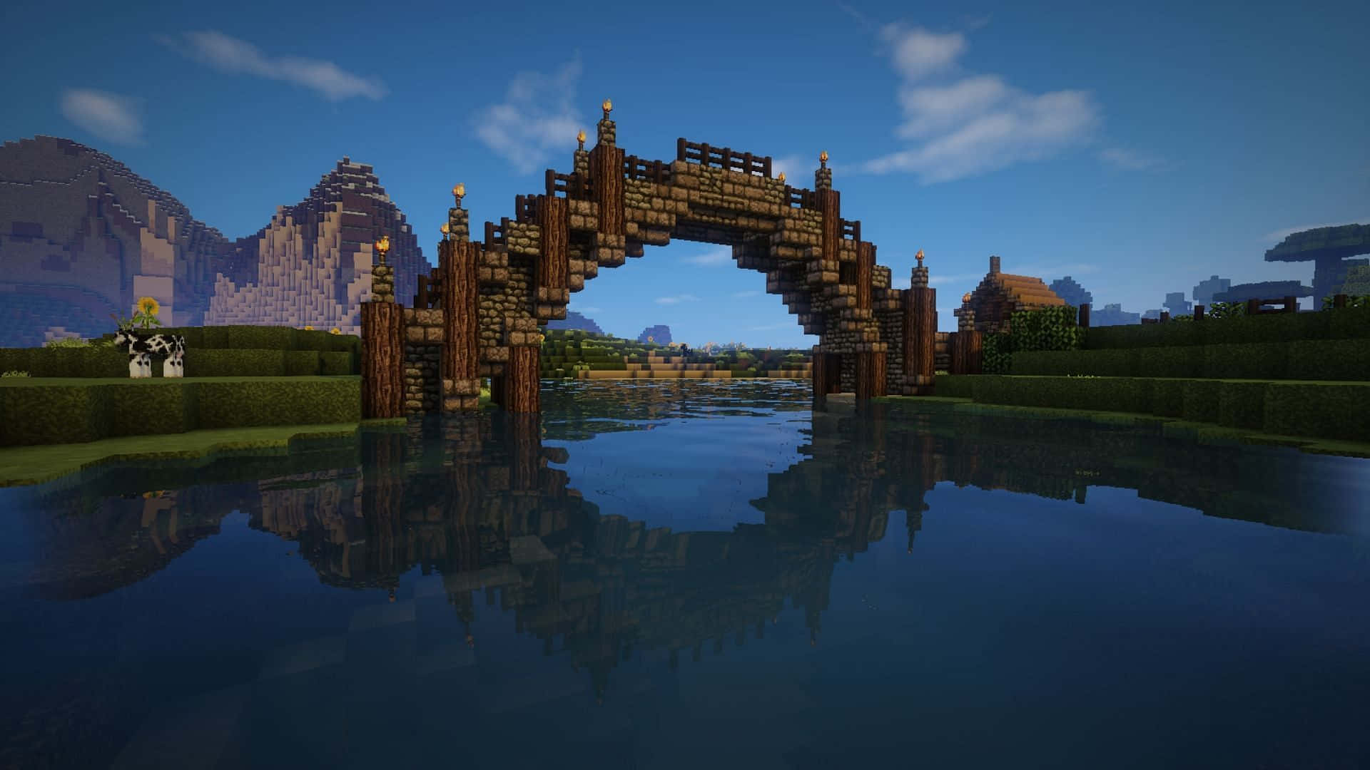 Minecraft, wooden bridge, calm water, Full HD Desktop Wallpaper