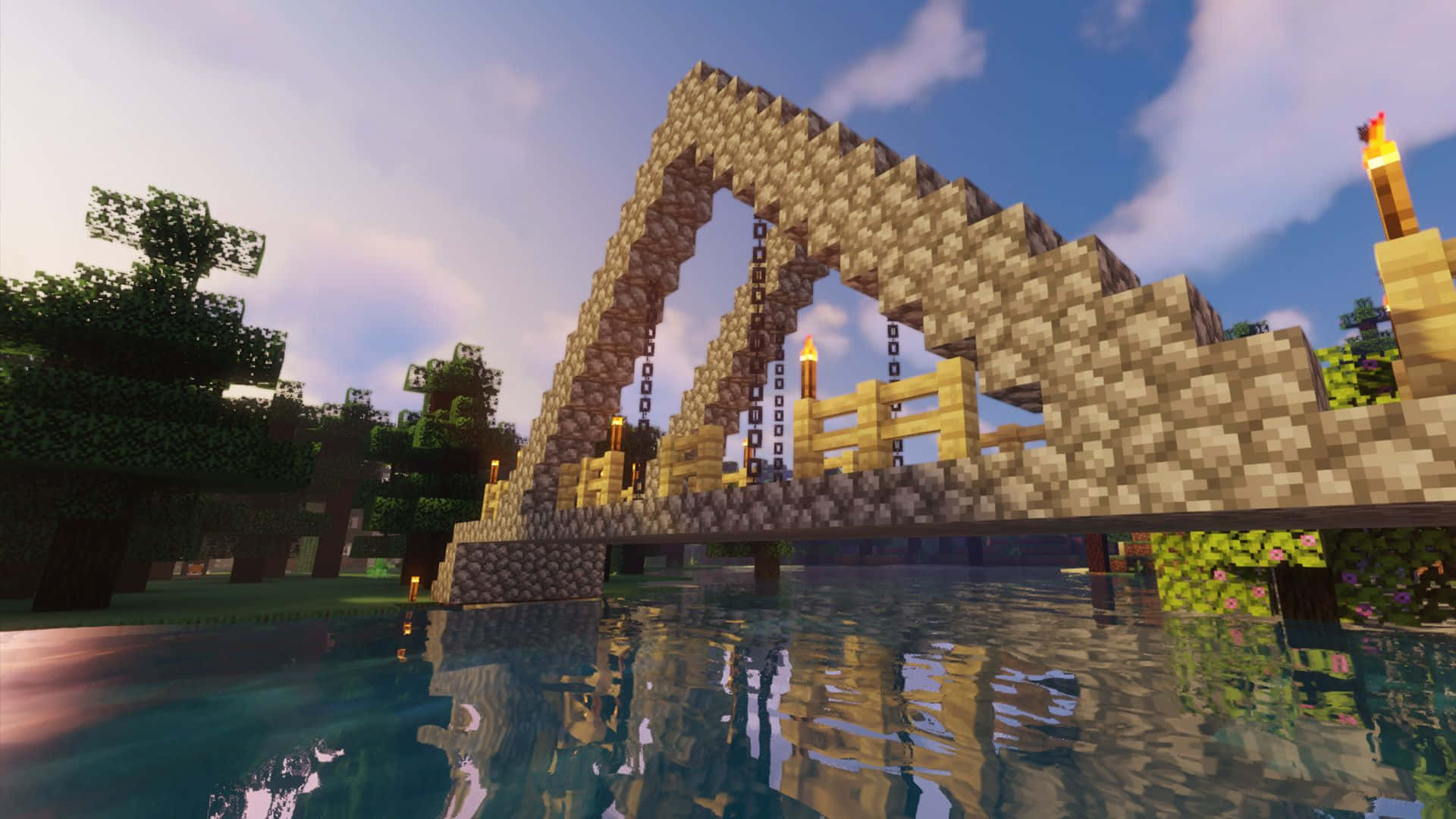 Minecraft, suspension bridge, calm water, Full HD Desktop Wallpaper