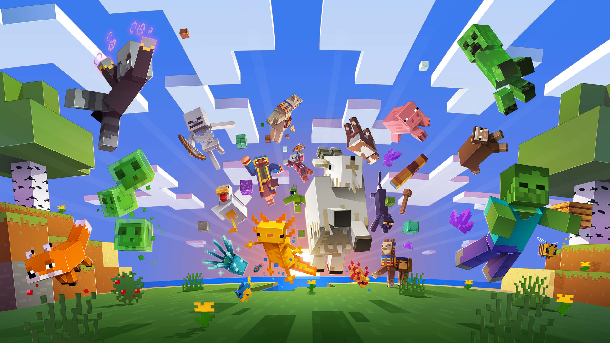 Minecraft, pixelated animals, mobs, 2K Desktop Wallpaper