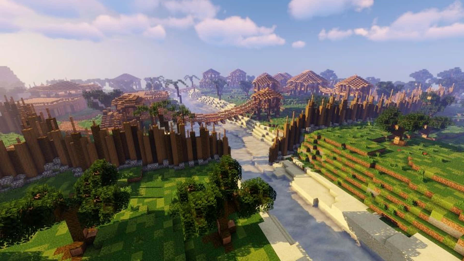 Minecraft, suspension bridge, pixelated trees, Full HD Desktop Wallpaper