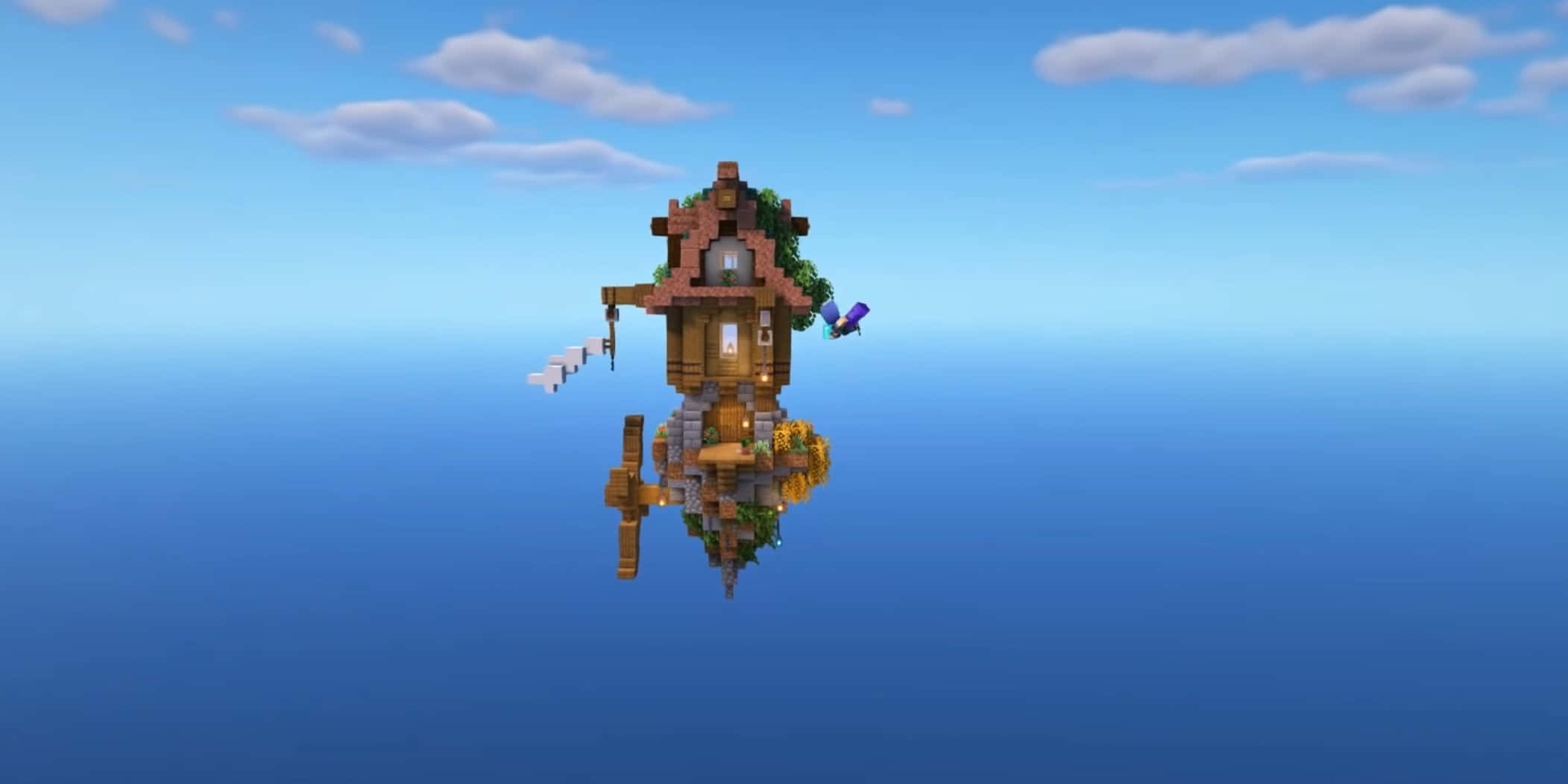 Minecraft Sky Block, pixelated treehouse, calm blue water, Full HD Desktop Wallpaper