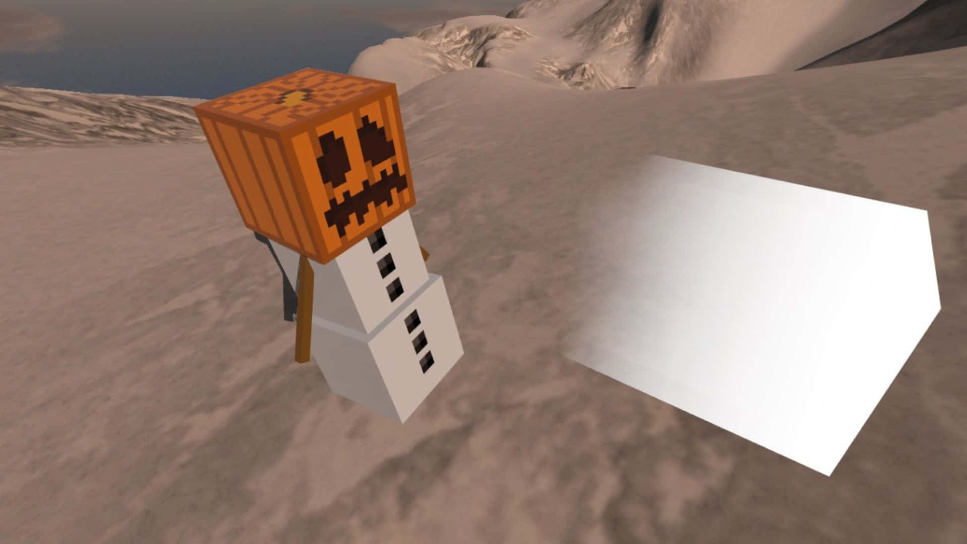 Minecraft Snow Golem, pixelated jack-o'-lantern, snowy mountain landscape, Full HD Desktop Wallpaper