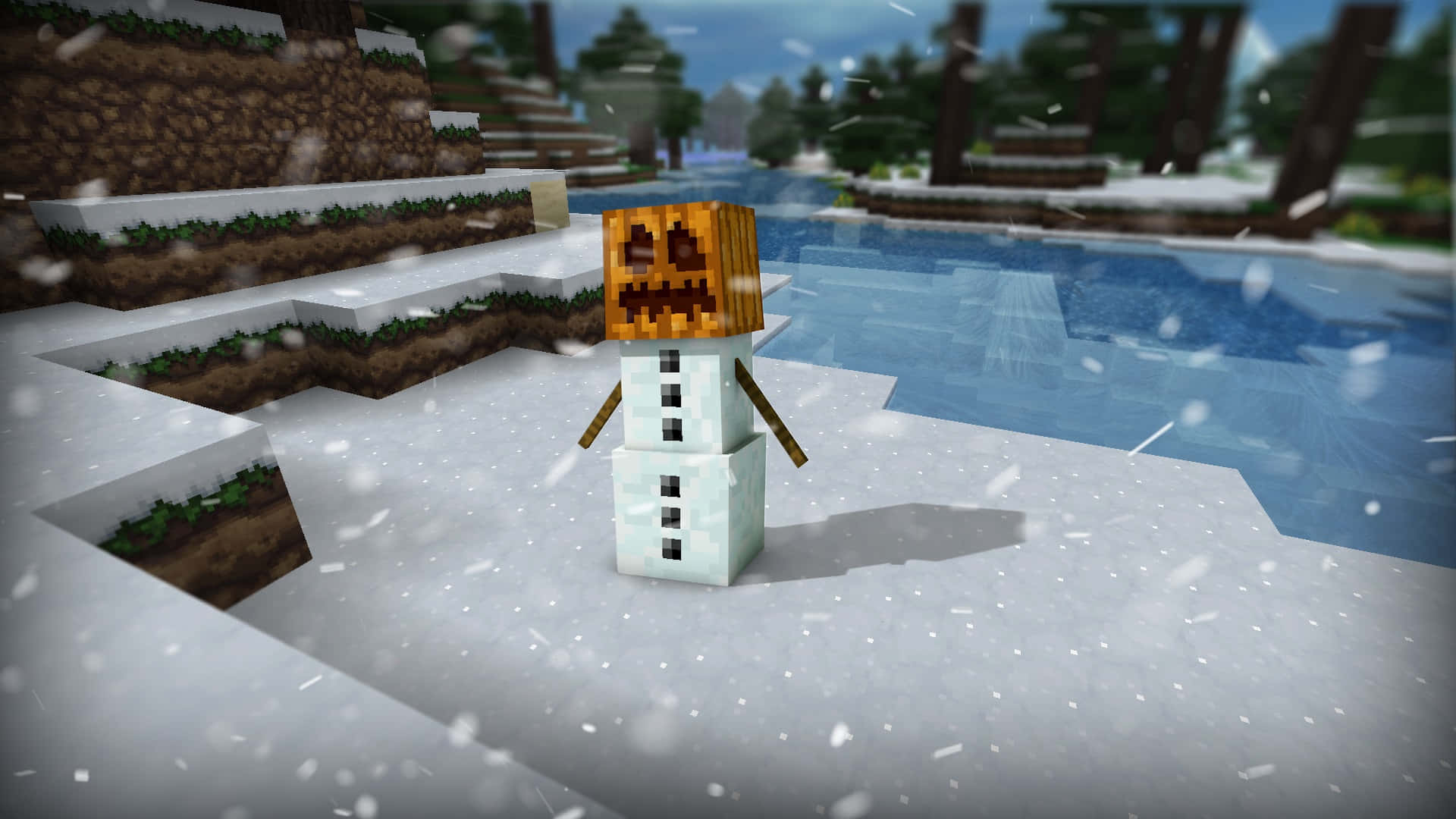 Minecraft Snow Golem, pumpkin head, snowy Minecraft landscape, Full HD Desktop Wallpaper