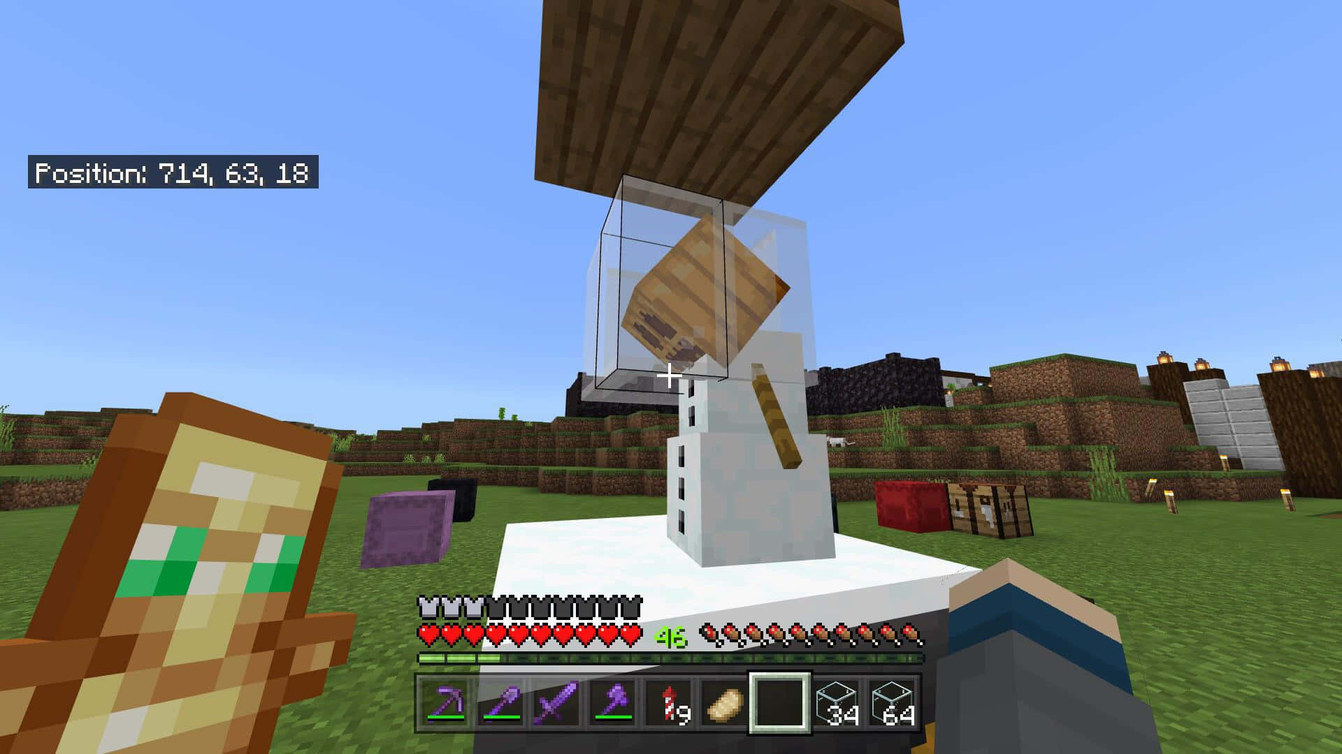 Minecraft Snow Golem, snowman under construction, glass enclosure, Full HD Desktop Wallpaper