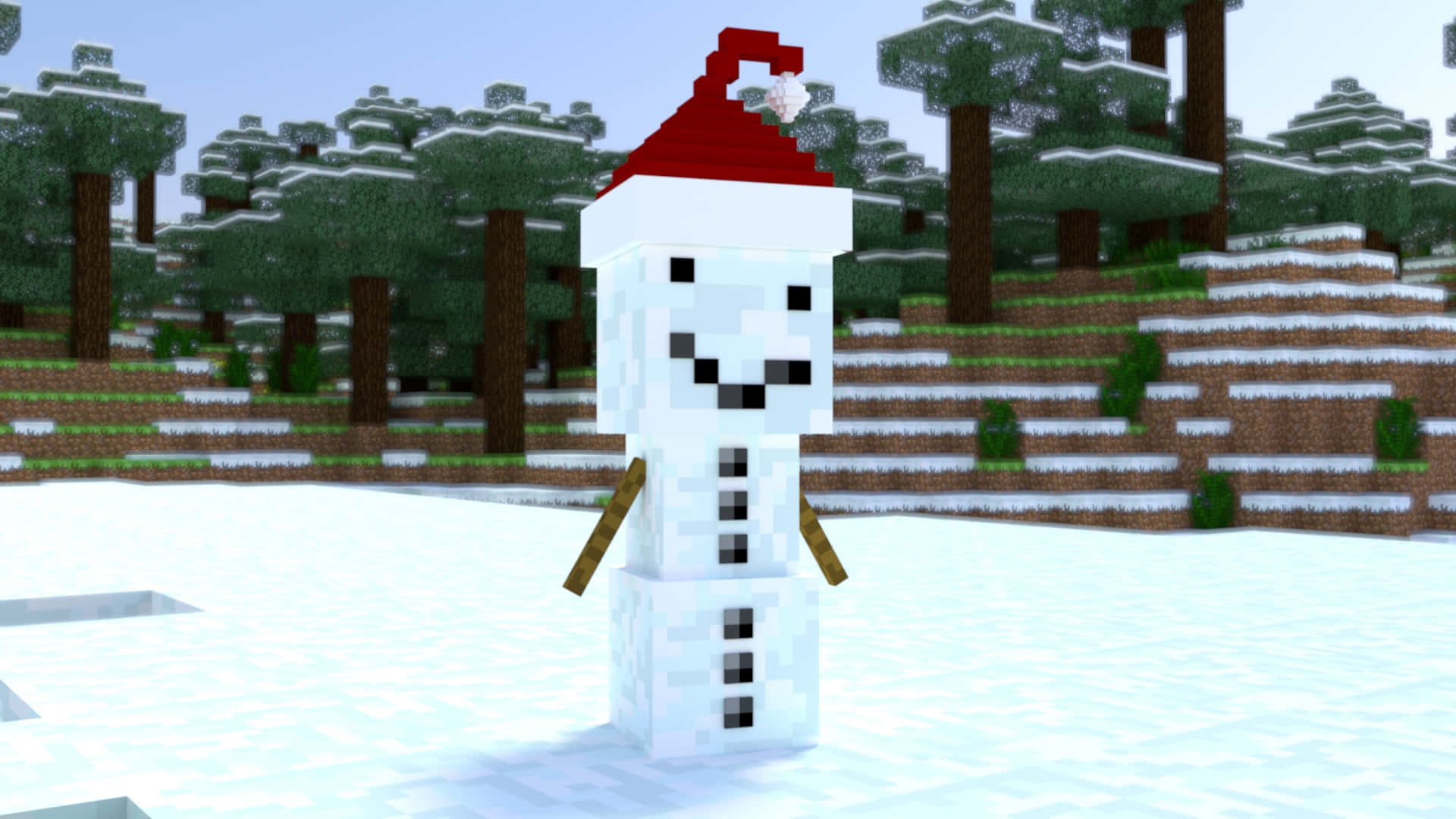 Minecraft Snow Golem, red and white Santa hat, snowy Minecraft landscape, Full HD Desktop Wallpaper