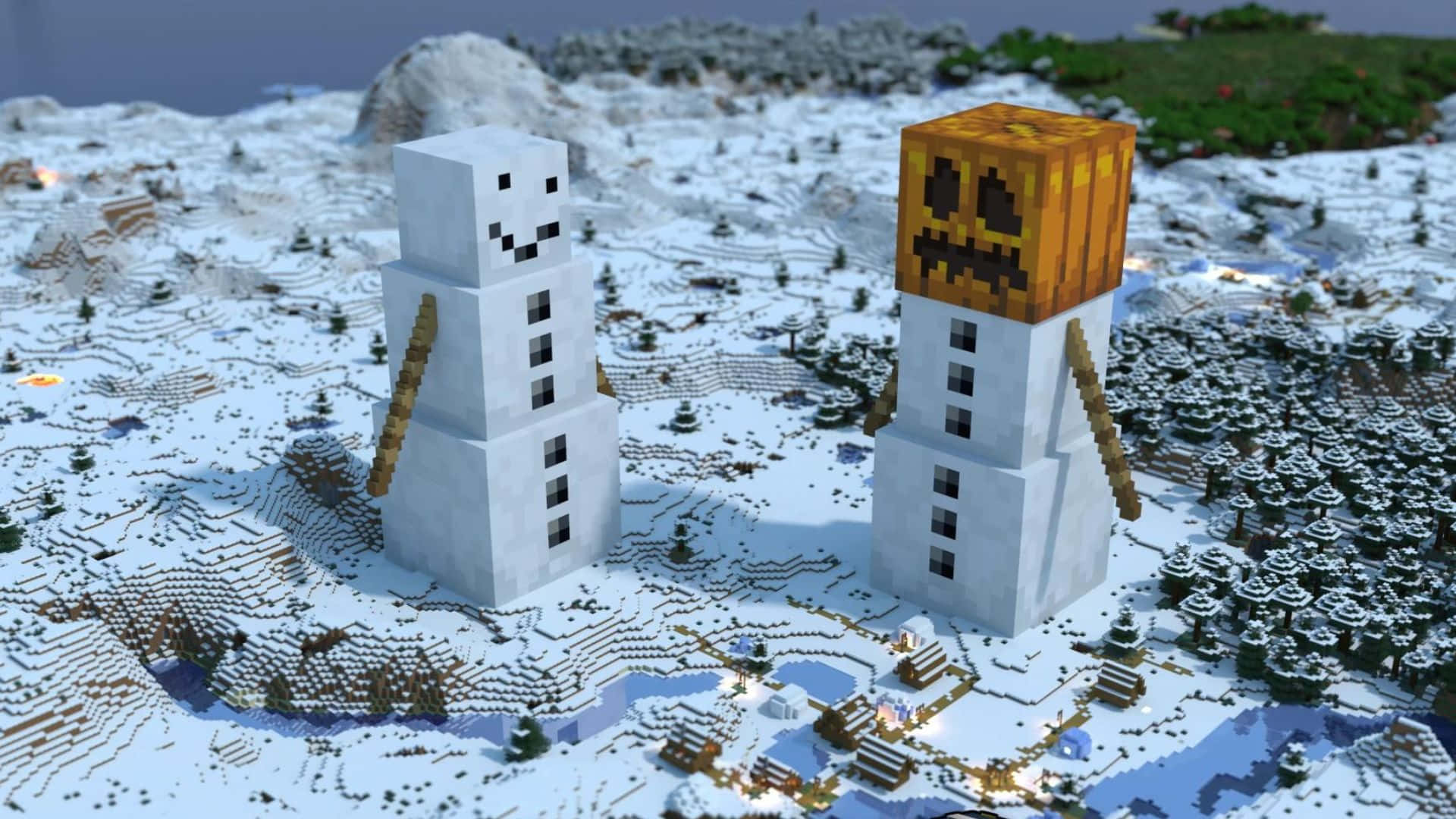 Minecraft Snow Golem, snowy landscape, blocky snowmen, Full HD Desktop Wallpaper