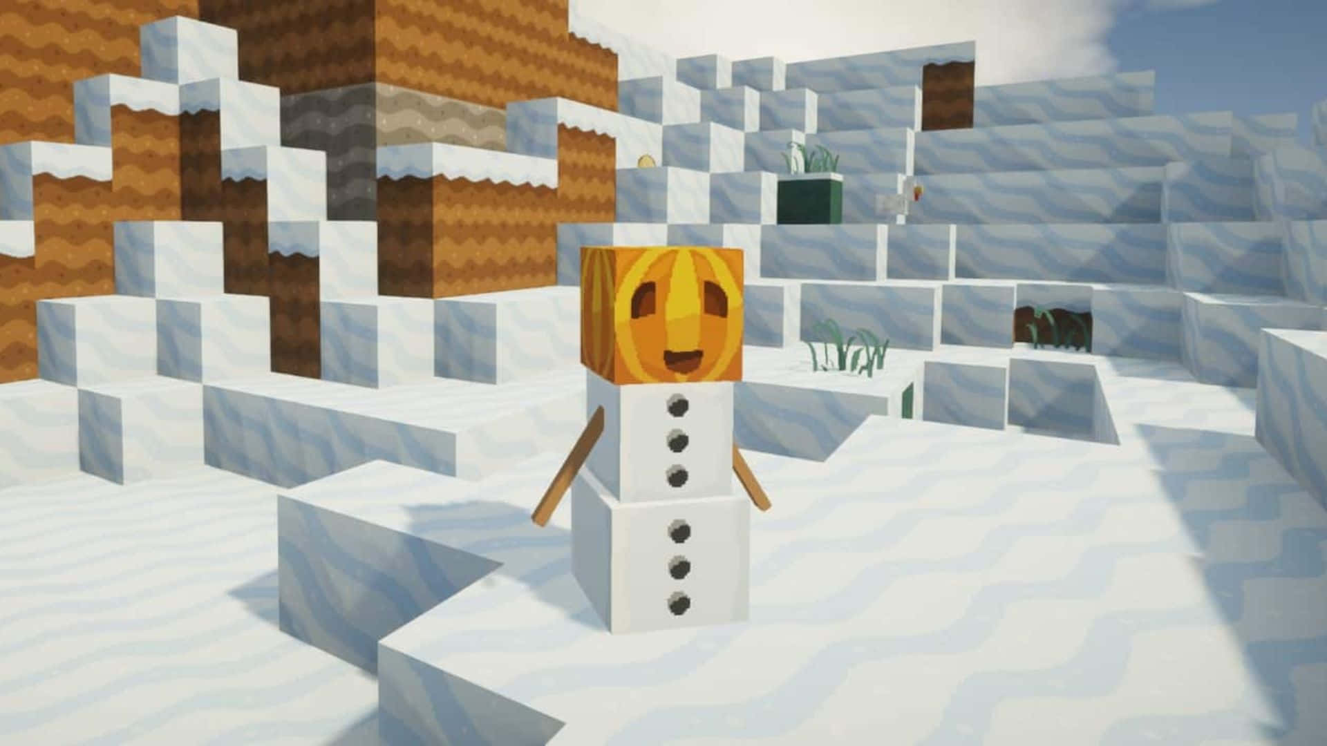 Minecraft Snow Golem, pumpkin head, blocky snowy landscape, Full HD Desktop Wallpaper