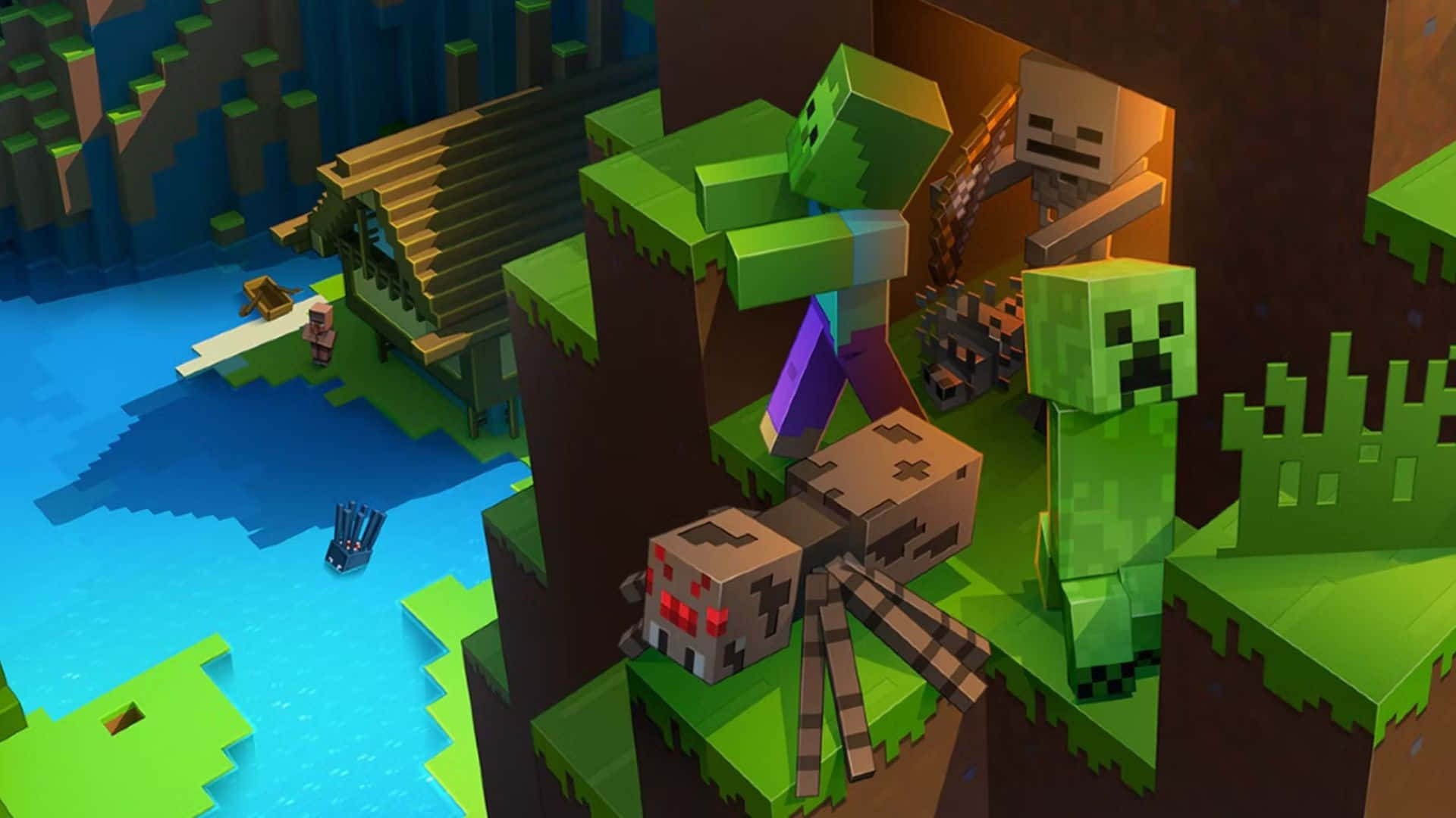 Minecraft Spider, green cliffs, blue river, Full HD Desktop Wallpaper