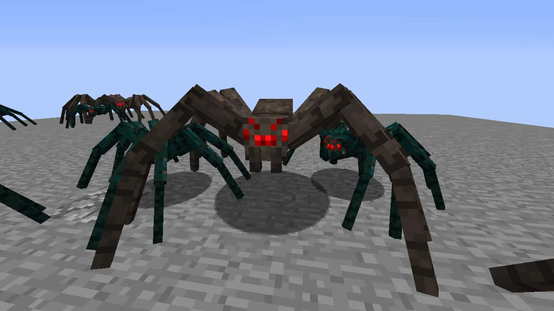 Minecraft Spider, glowing red eyes, gray blocky terrain, Full HD Desktop Wallpaper