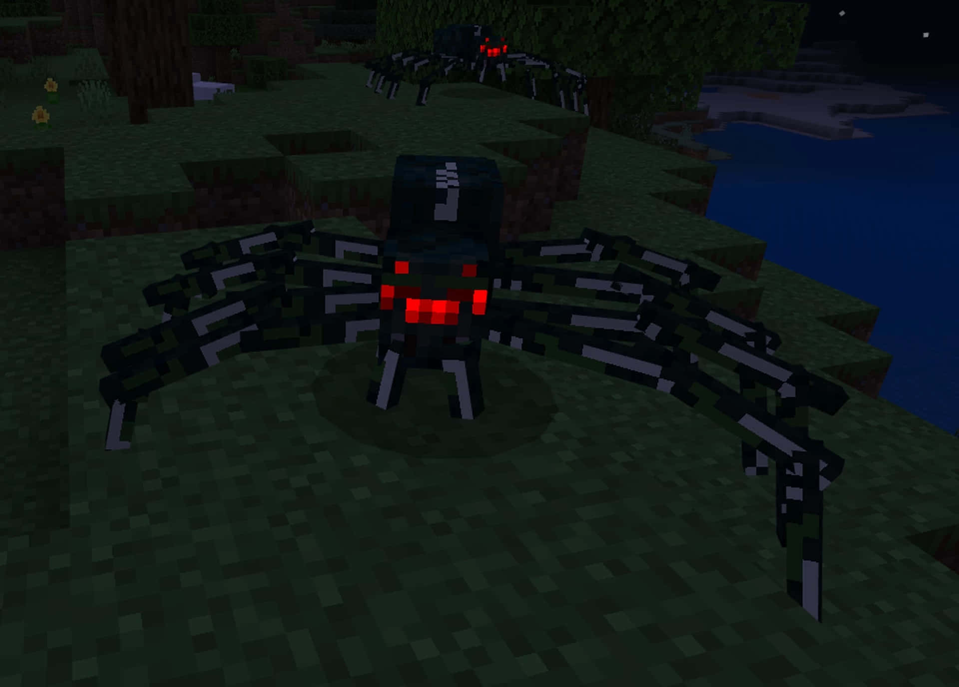 Minecraft Spider, pixelated black spider, glowing red eyes, Full HD Desktop Wallpaper