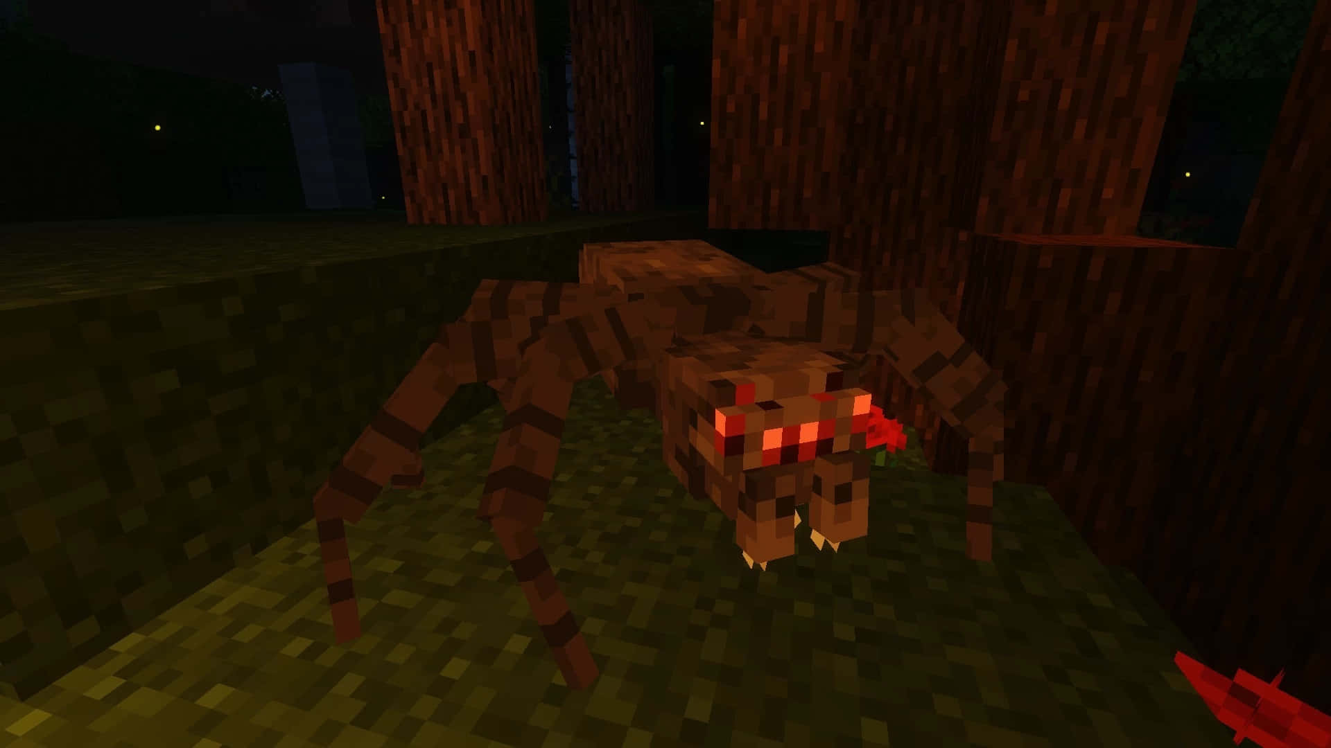 Minecraft Spider, glowing red eyes, dark forest, Full HD Desktop Wallpaper