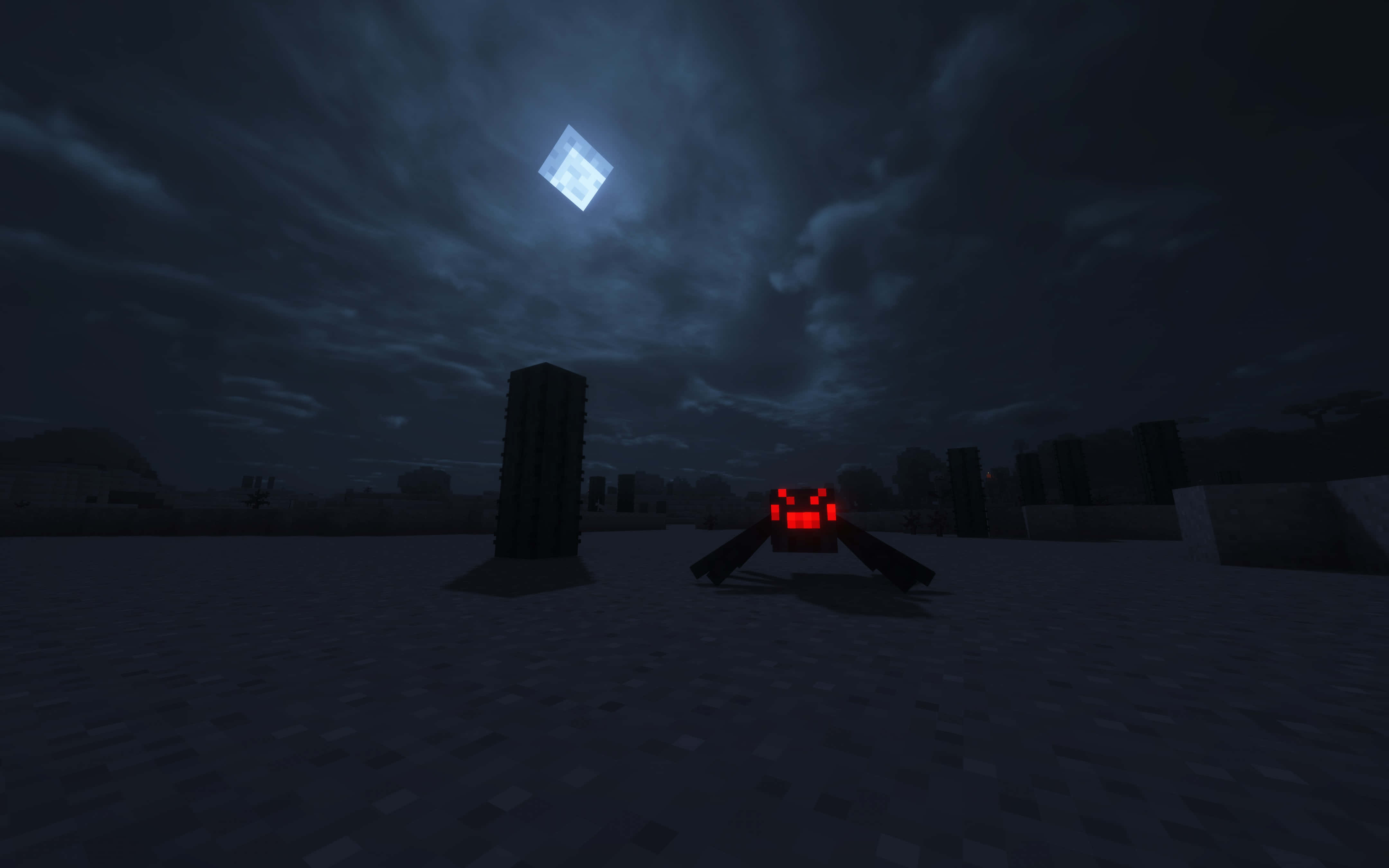 Minecraft Spider, glowing red eyes, dark Minecraft night landscape, 4K Desktop Wallpaper
