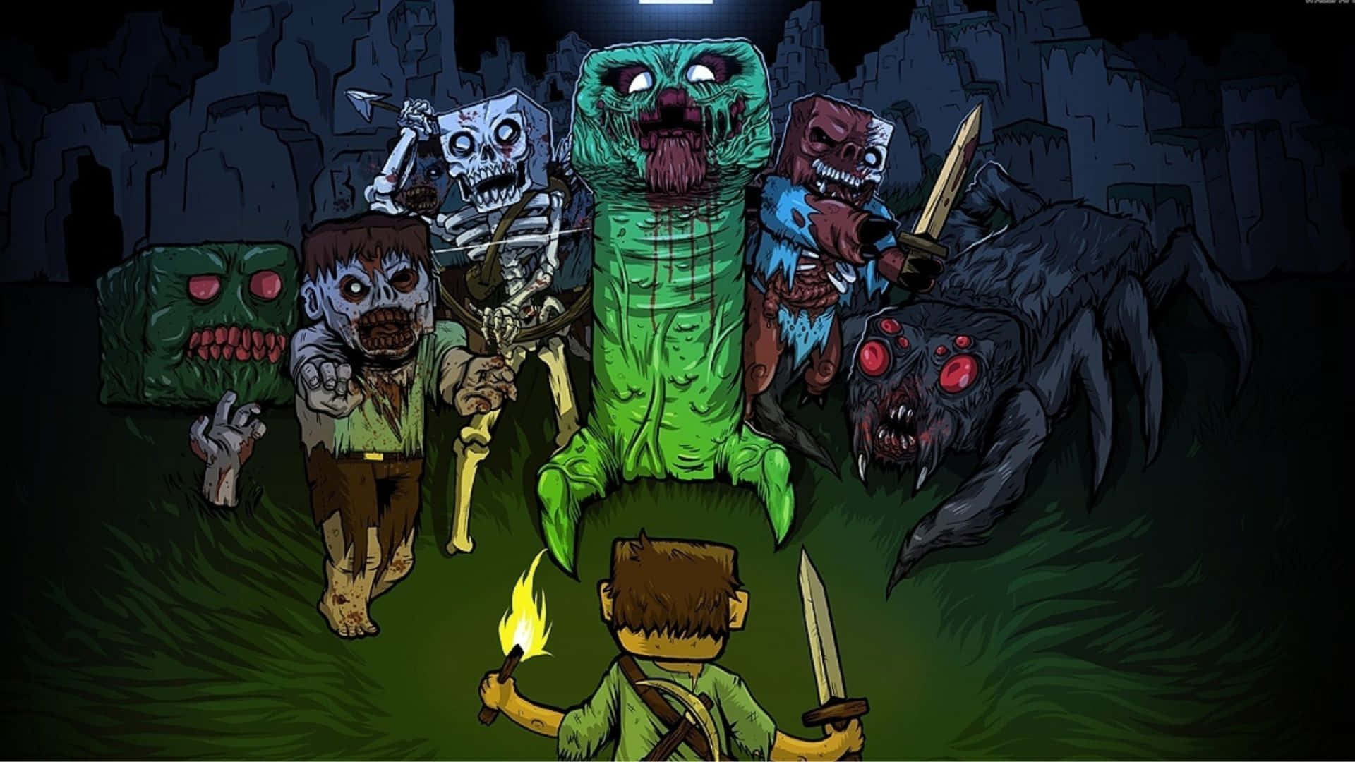 Minecraft Spider, lone adventurer, torch, Full HD Desktop Wallpaper