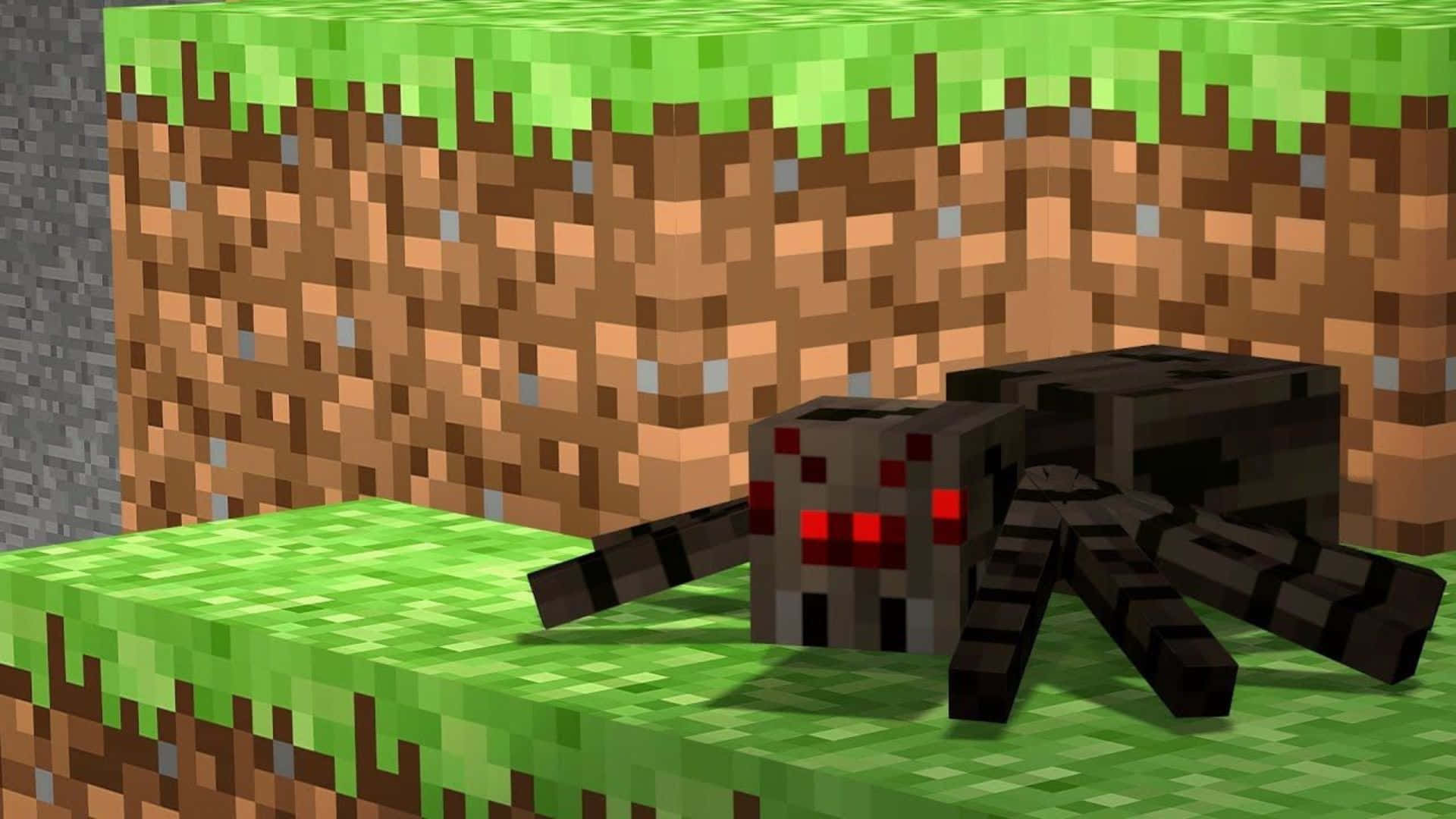 Minecraft Spider, glowing red eyes, grass blocks, Full HD Desktop Wallpaper