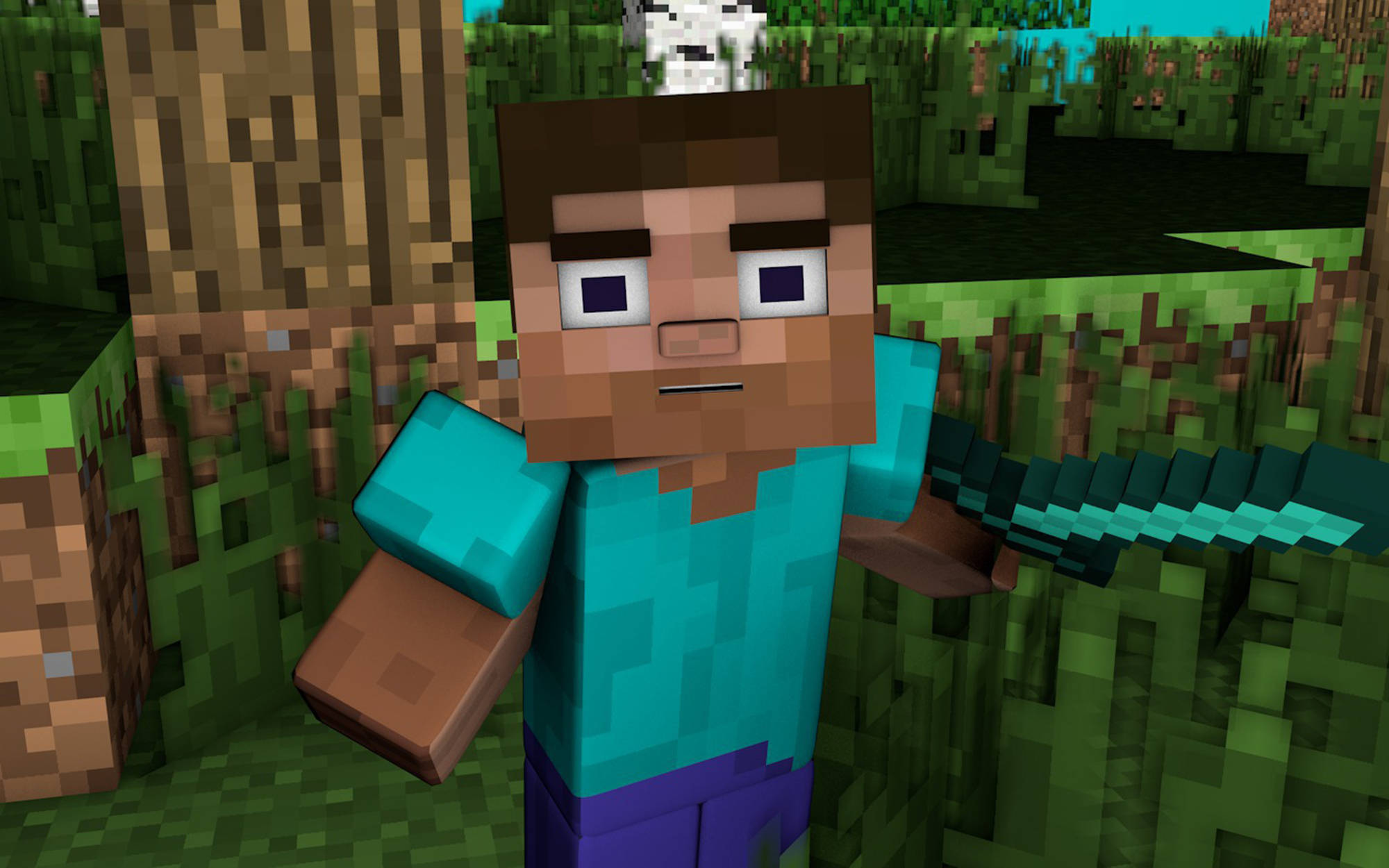 Minecraft Steve, brown hair, blue shirt, Full HD Desktop Wallpaper
