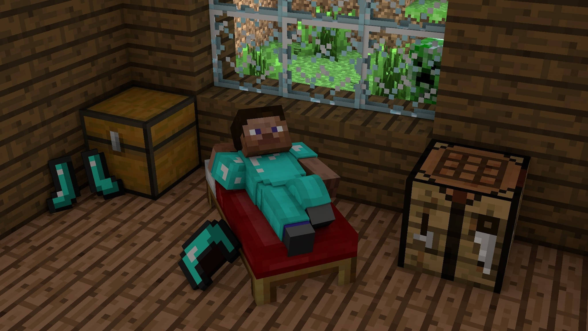 Minecraft Steve, teal armor, red bed, Full HD Desktop Wallpaper