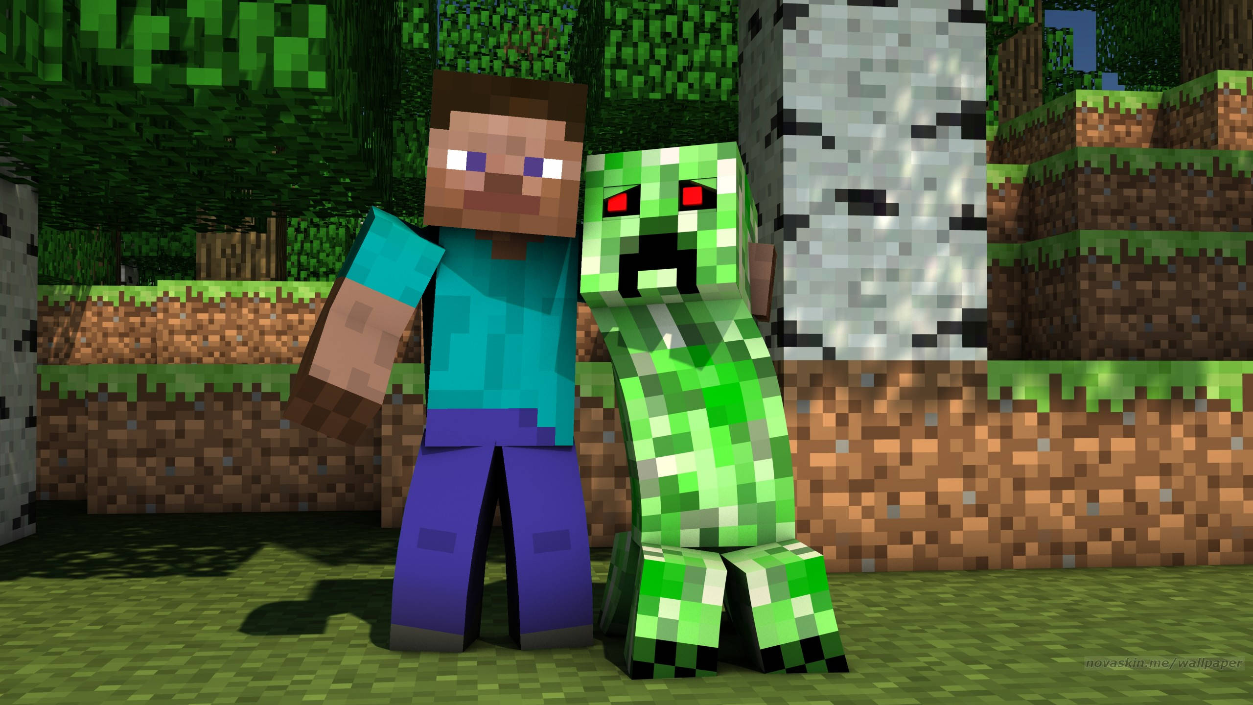 Minecraft Steve, green creeper, blocky forest, 2K Desktop Wallpaper