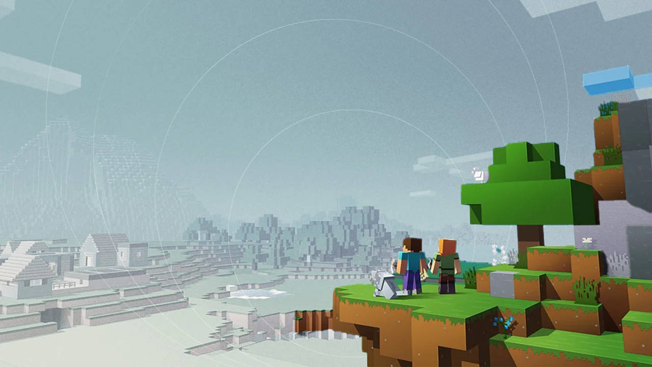 Minecraft Steve, grassy cliff, vast pixelated landscape, HD Desktop Wallpaper
