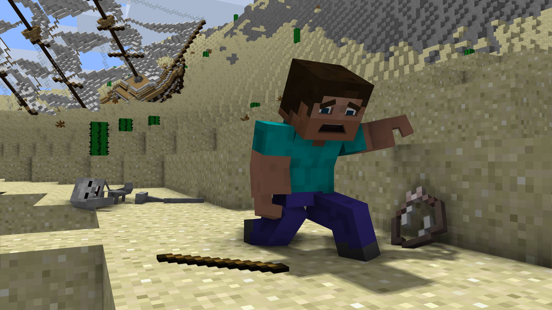 Minecraft Steve, shipwreck, desert biome, Full HD Desktop Wallpaper