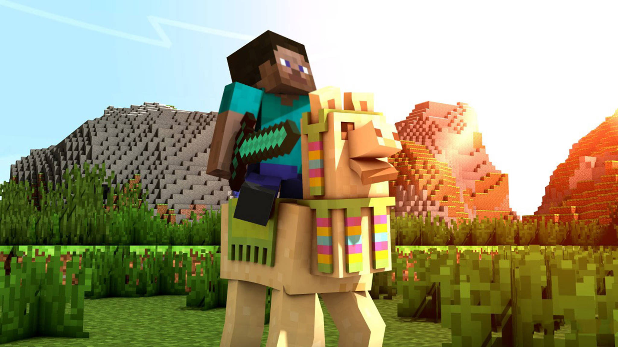 Minecraft Steve, llama, blocky grassy field, Full HD Desktop Wallpaper
