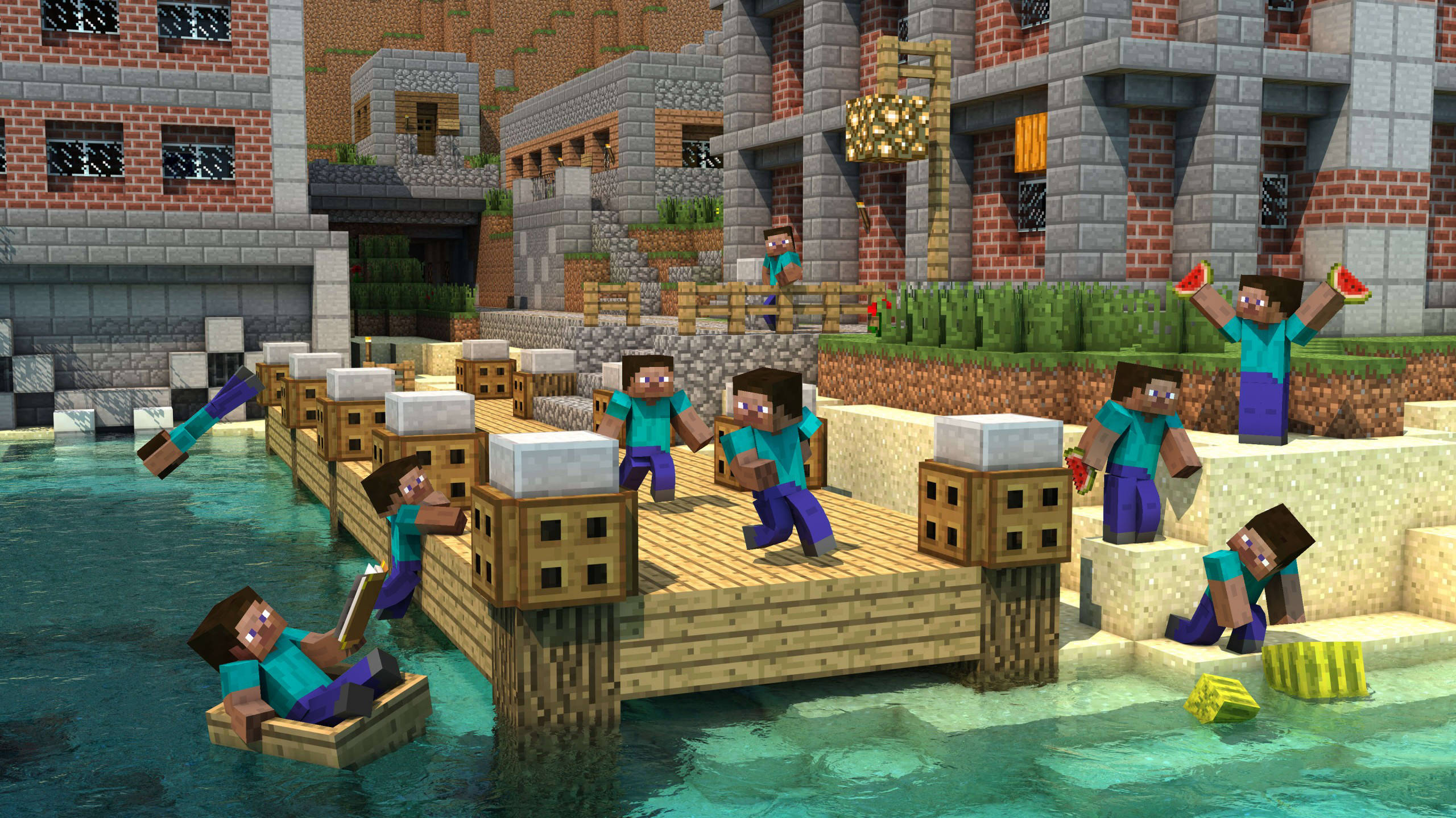 Minecraft Steve, villagers, wooden docks, 2K Desktop Wallpaper