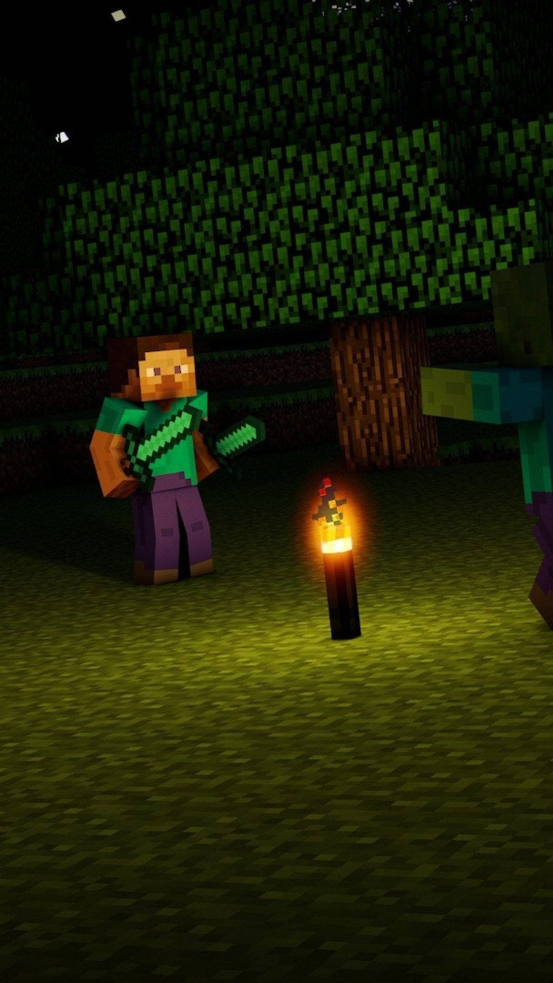 Minecraft Steve, pixelated forest, night, Full HD Phone Wallpaper