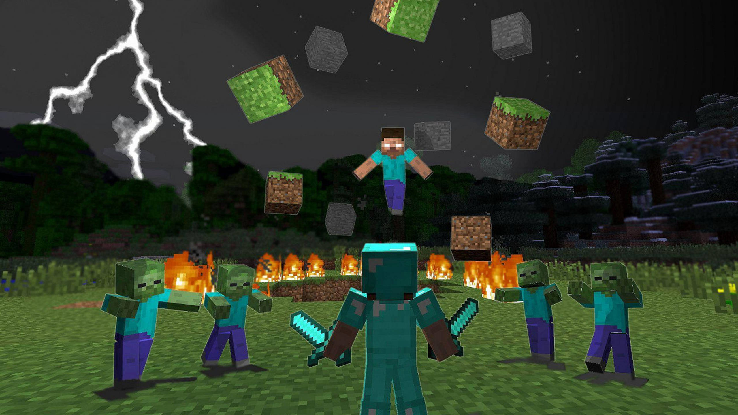 Steve, Minecraft, diamond swords, 2K Desktop Wallpaper
