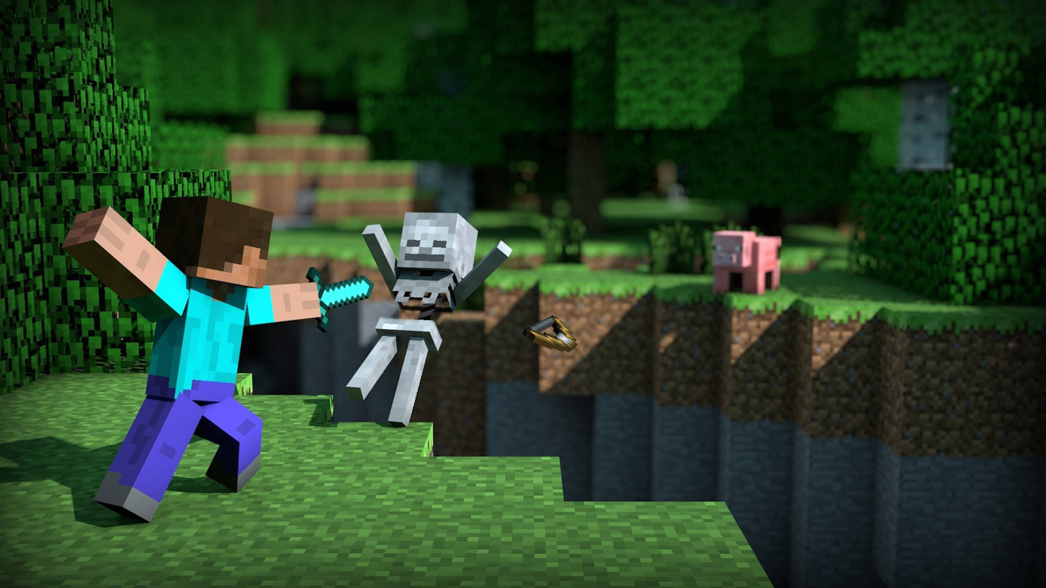 Minecraft Steve, skeleton, grassy cliff, Full HD Desktop Wallpaper