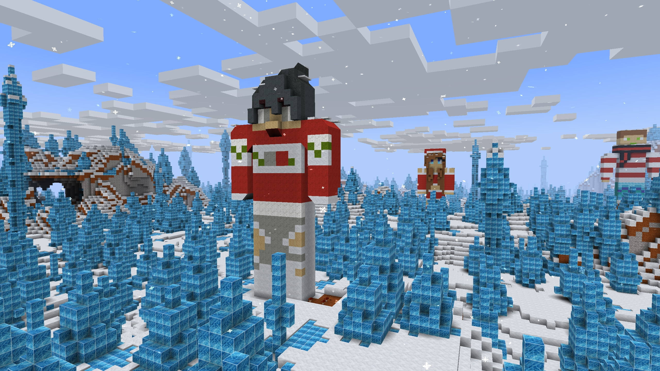 Minecraft Steve, red jacket, icy blue trees, 2K Desktop Wallpaper