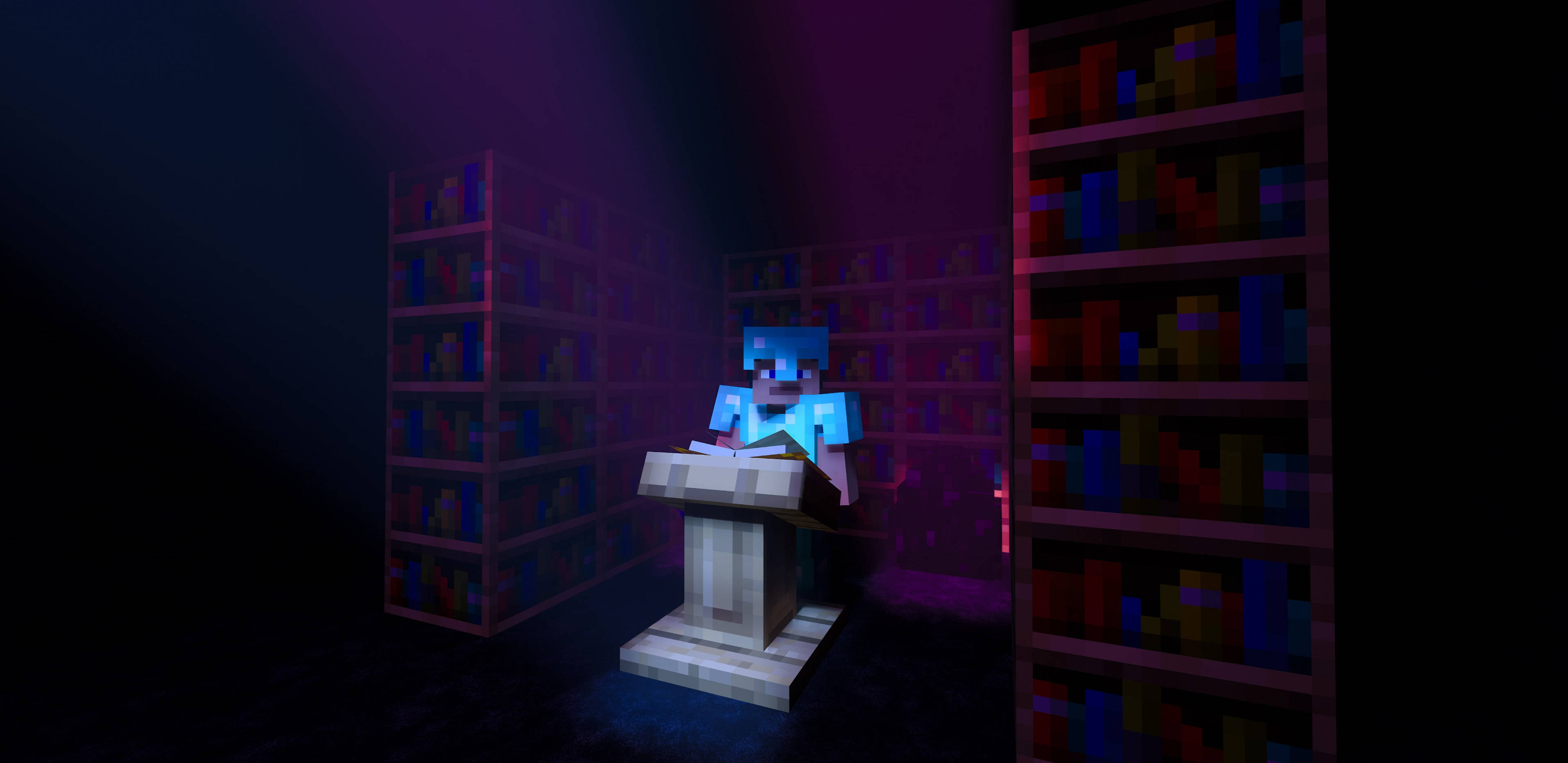 Minecraft Steve, bookshelves, stone desk, 2K Desktop Wallpaper
