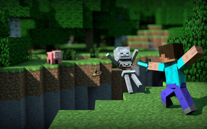 Steve, skeleton, glowing sword, SD Desktop Wallpaper