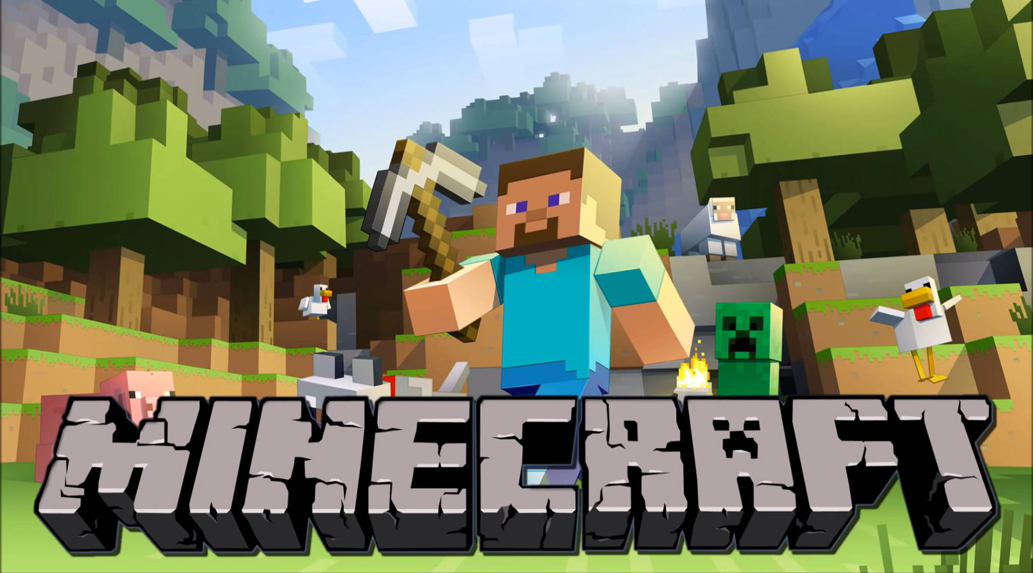 Minecraft Steve, pickaxe, pixelated animals, Full HD Desktop Wallpaper