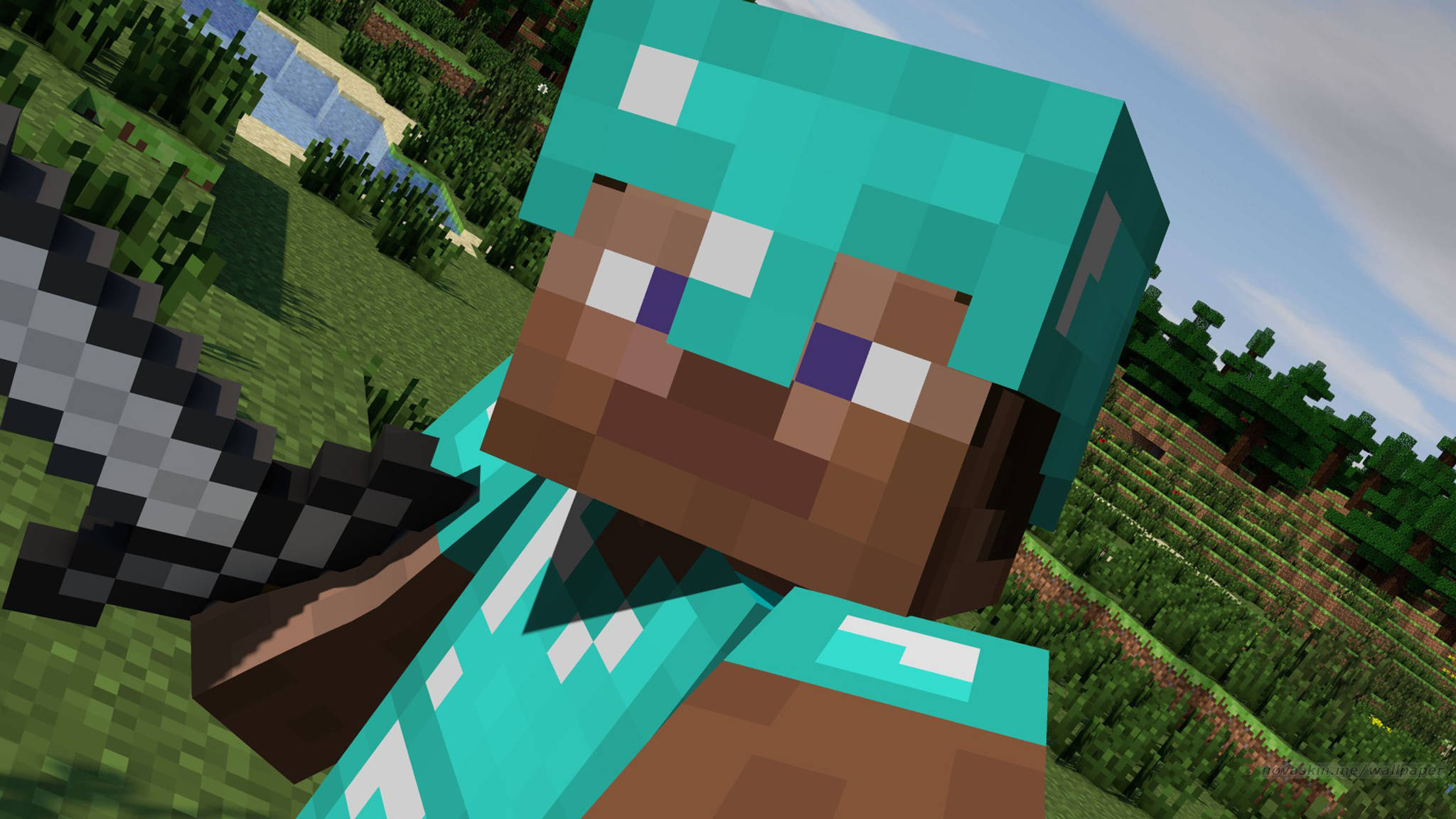 Minecraft Steve, diamond armor, pickaxe, Full HD Desktop Wallpaper