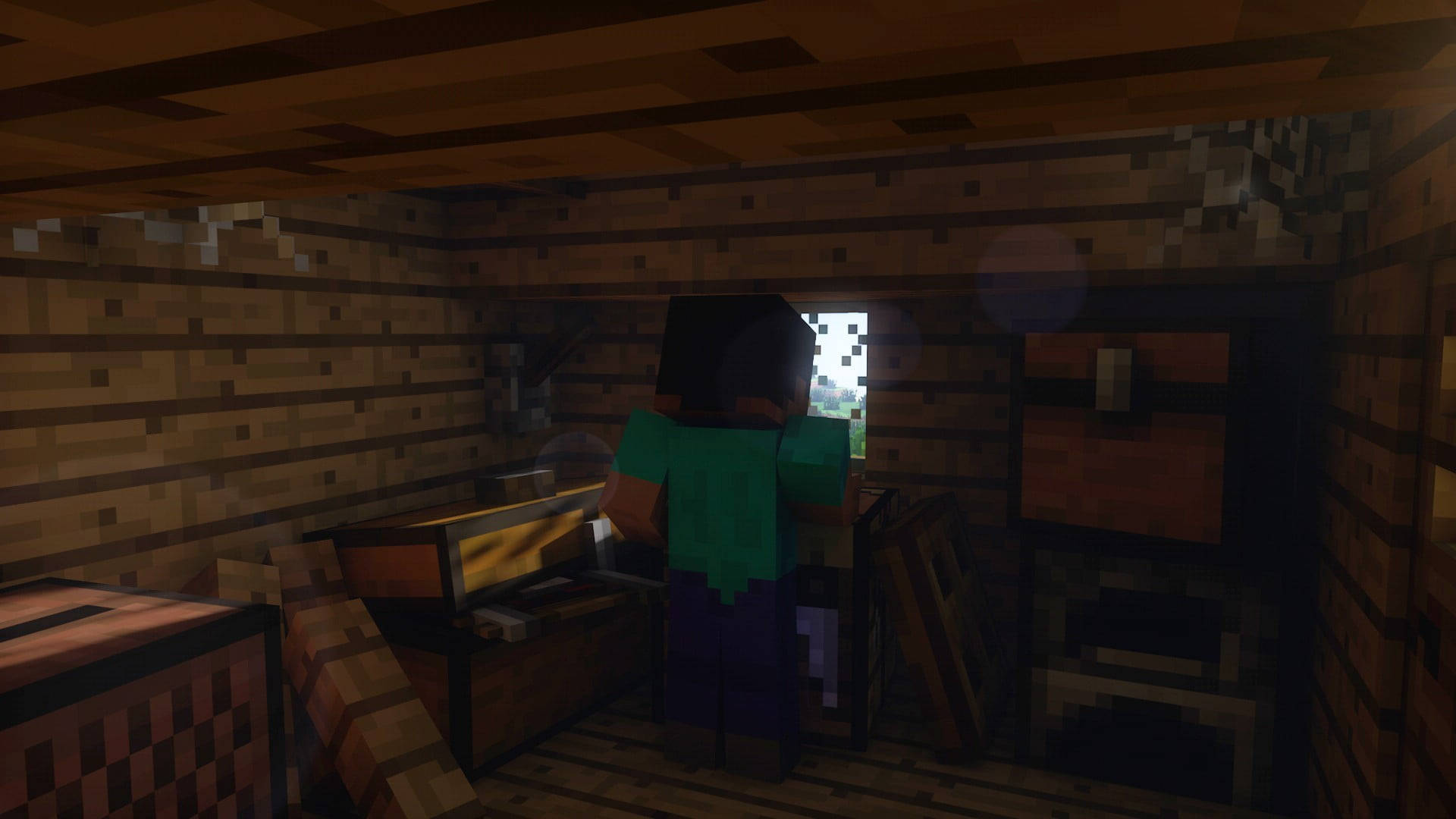 Steve, Minecraft, wooden cabin, Full HD Desktop Wallpaper