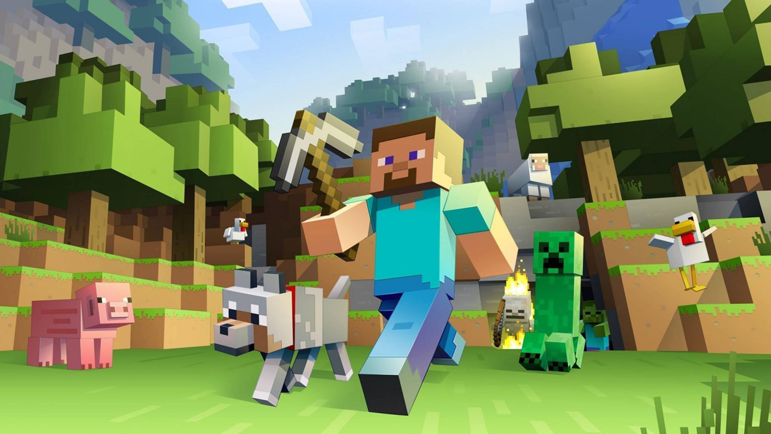Steve, pickaxe, Minecraft, 2K Desktop Wallpaper