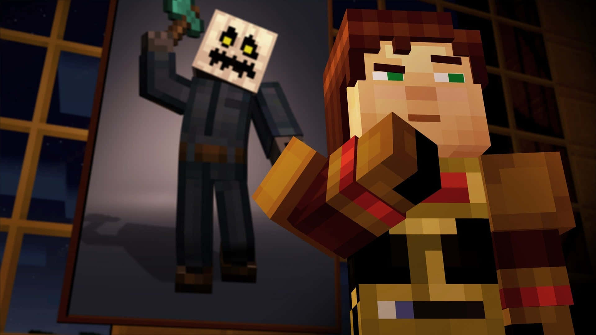 Minecraft Story Mode, pixelated Minecraft character, skeleton holding a pickaxe, Full HD Desktop Wallpaper