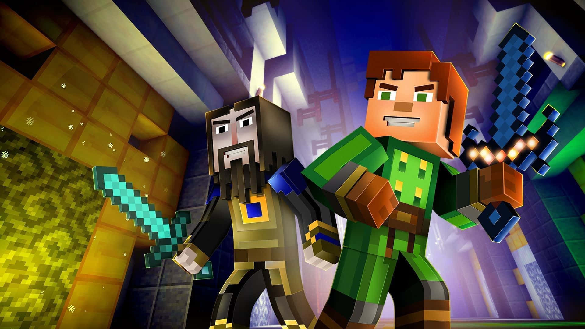 Minecraft Story Mode, pixelated armor, glowing swords, Full HD Desktop Wallpaper