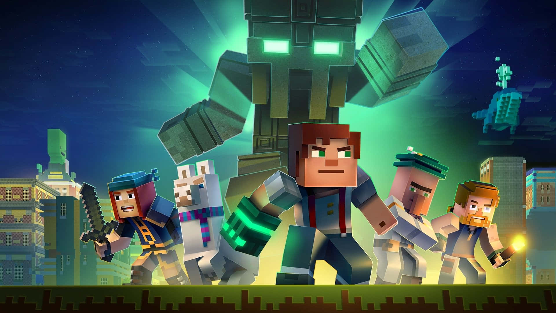 Minecraft Story Mode, blocky adventurers, glowing green giant, Full HD Desktop Wallpaper